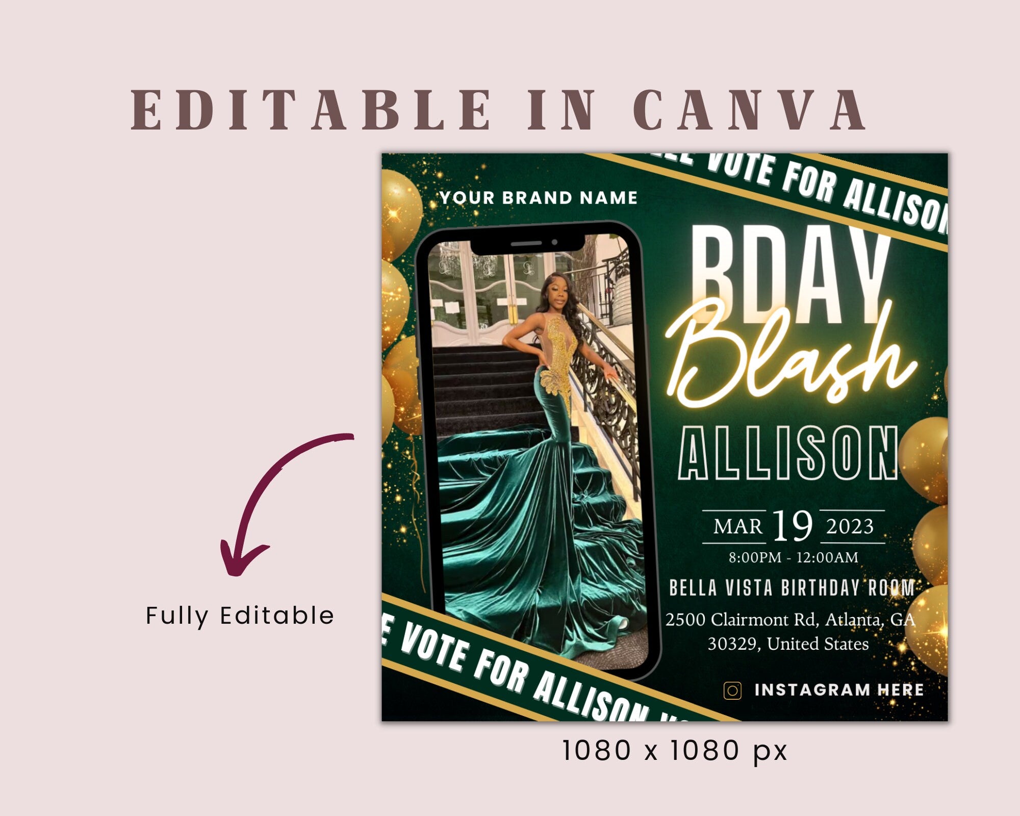 Birthday Flyer, Custom Editable Templates, Instagram Business Canva Flyer, Print At Home, Instant Download, DIY Template, Birthday Glam