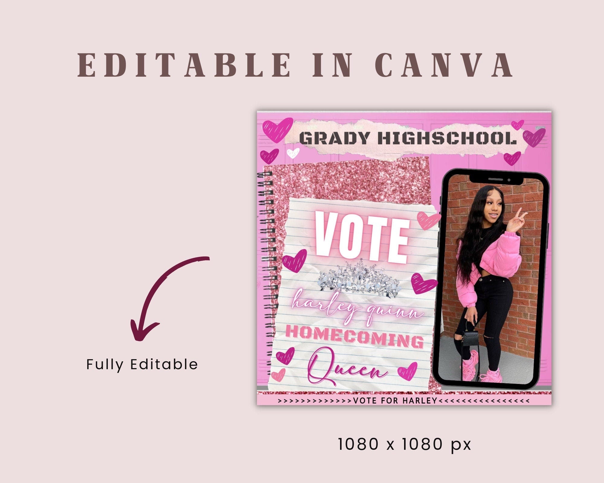 Homecoming Queen Campaign Flyer | DIY Vote for Me Election High School Beauty Social Media Instagram Snapchat Editable Canva Template