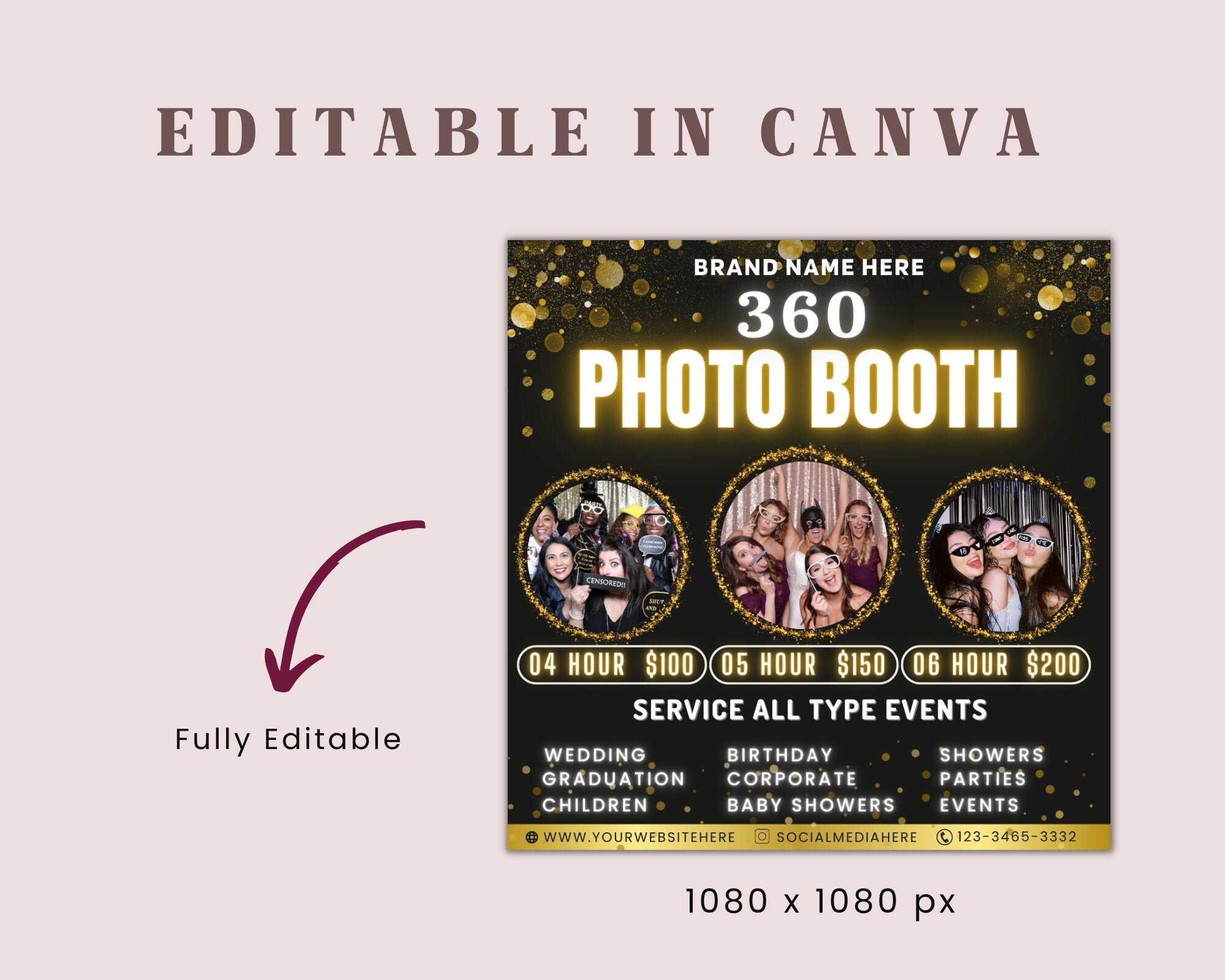 360 Photo Booth Rental Flyer | DIY Event Photography Rental Party Celebration Photobooth Social Media Instagram Editable Canva Template