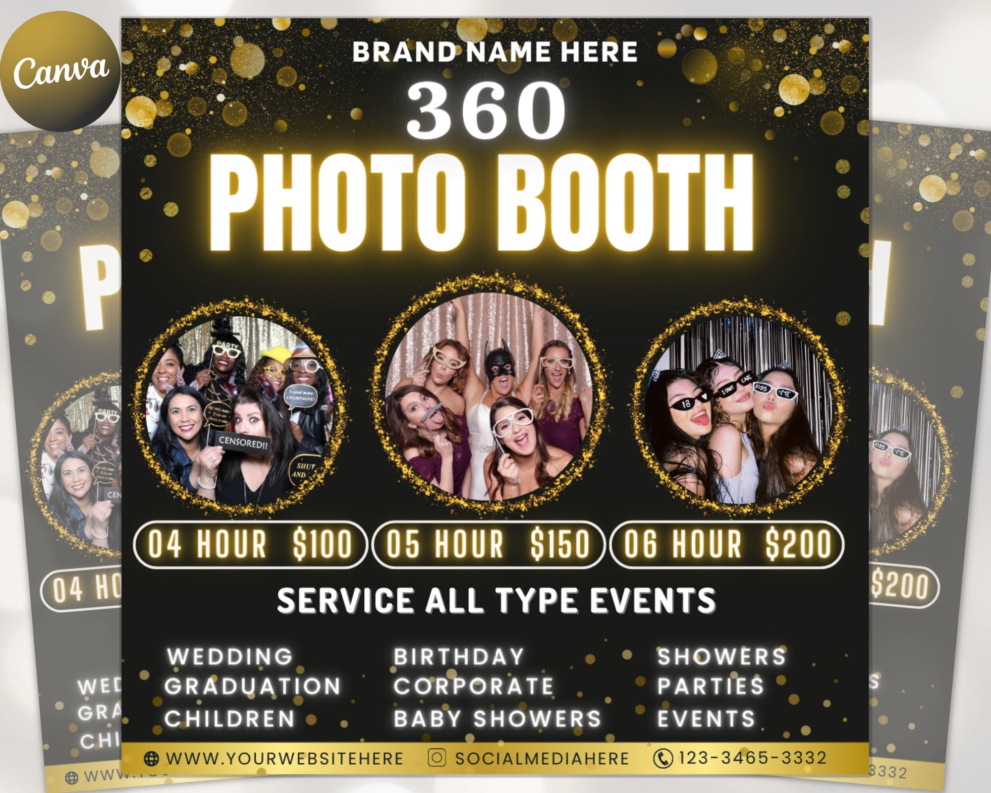 360 Photo Booth Rental Flyer | DIY Event Photography Rental Party Celebration Photobooth Social Media Instagram Editable Canva Template