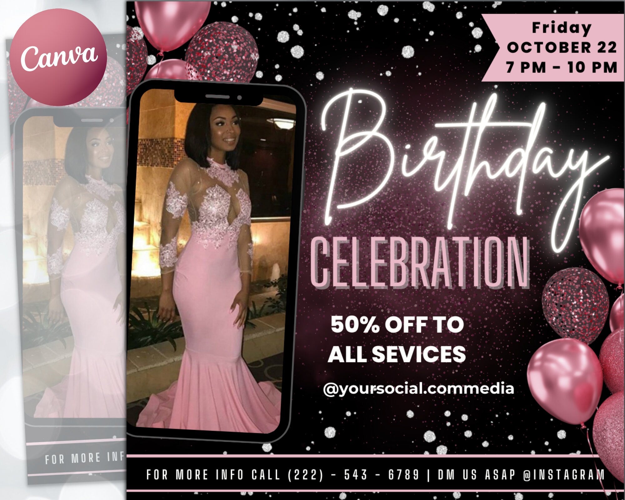 Birthday Celebration Flyer Platinum Template | DIY Bday Invitation RSVP Boutique Hair Lash Nails Social Media Instagram Editable Canva Flyer