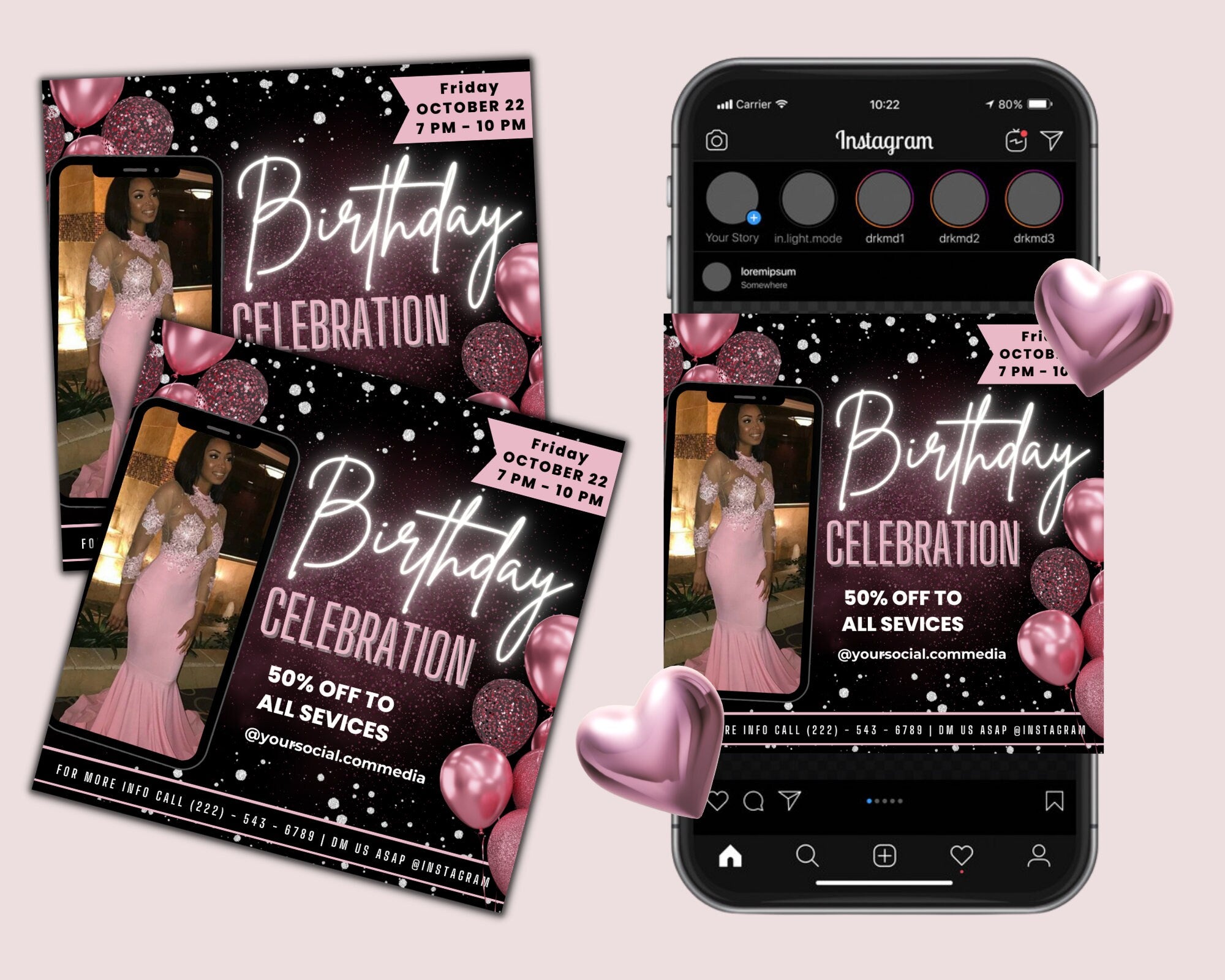 Birthday Celebration Flyer Platinum Template | DIY Bday Invitation RSVP Boutique Hair Lash Nails Social Media Instagram Editable Canva Flyer