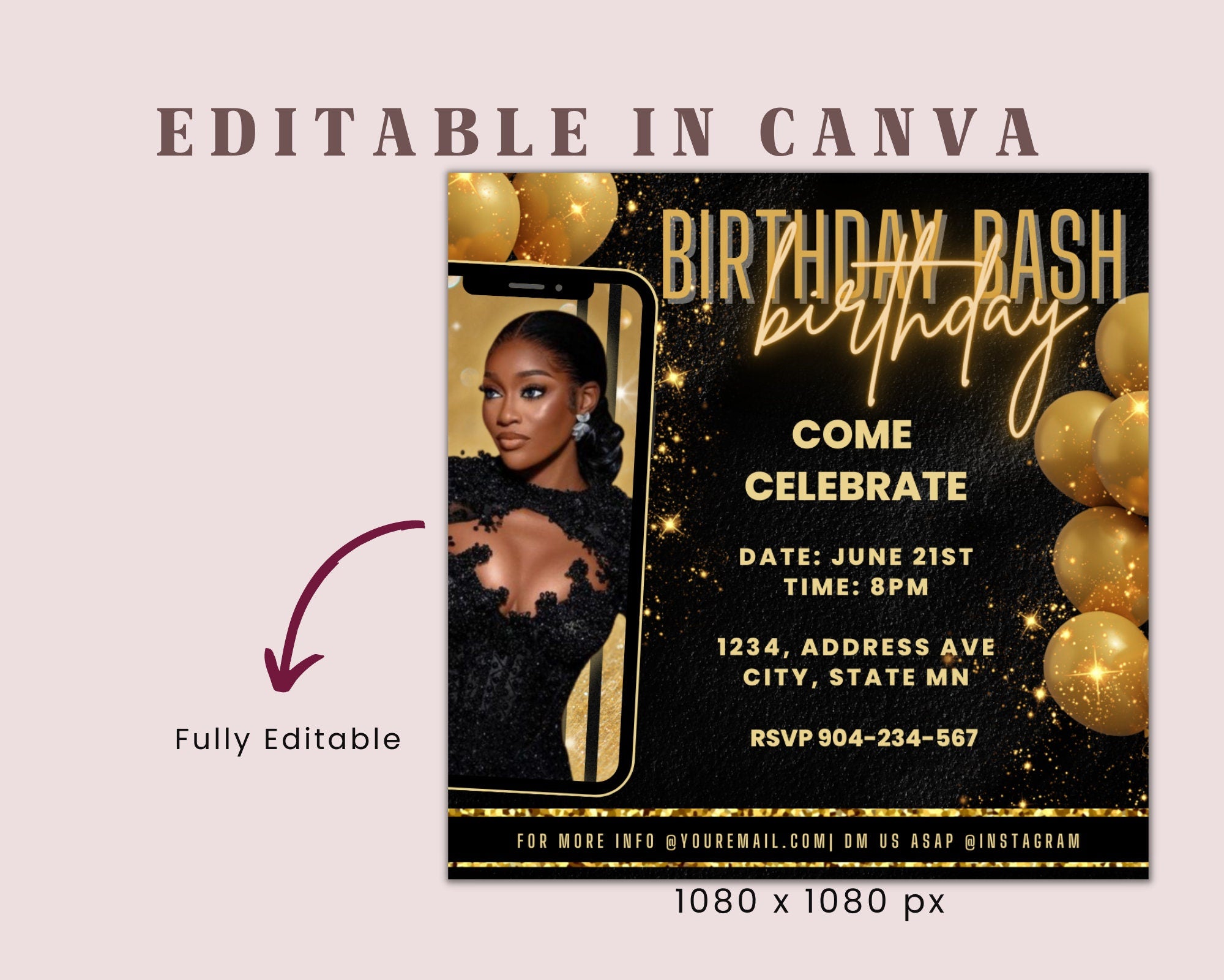 Birthday Flyer, Birthday Girl, Birthday Template, DIY Golden Goddess Bday Social Media Instagram Invitation. Hair Lash Nails  Canva Flyer