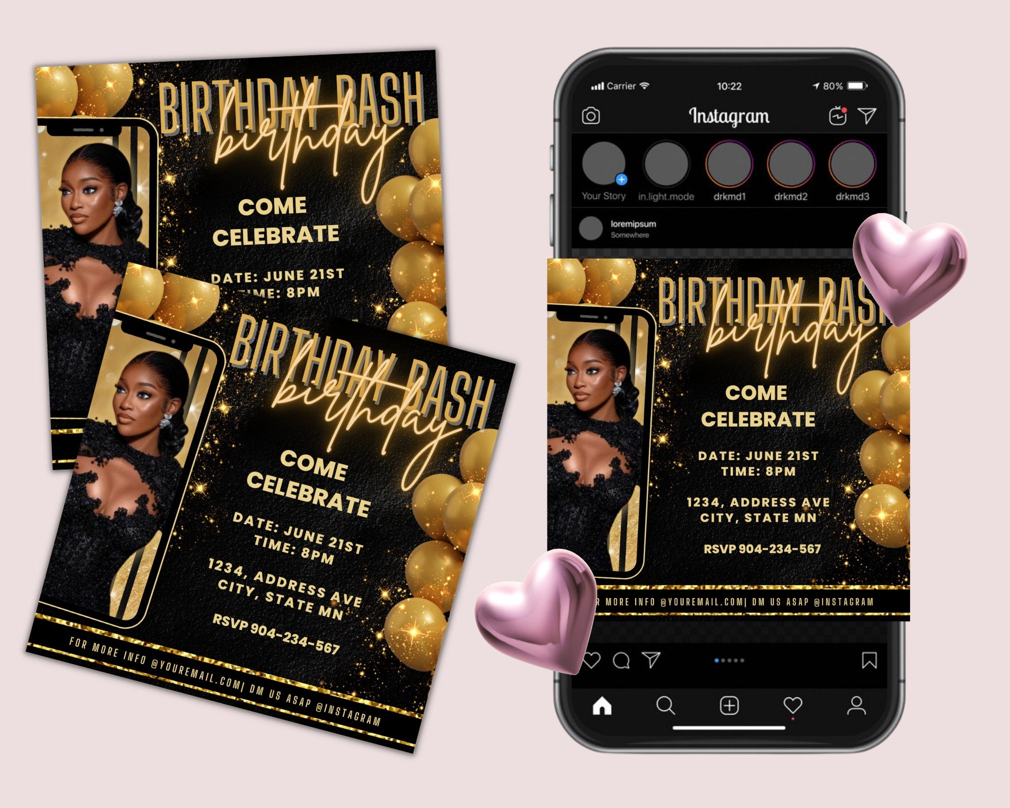 Birthday Flyer, Birthday Girl, Birthday Template, DIY Golden Goddess Bday Social Media Instagram Invitation. Hair Lash Nails  Canva Flyer