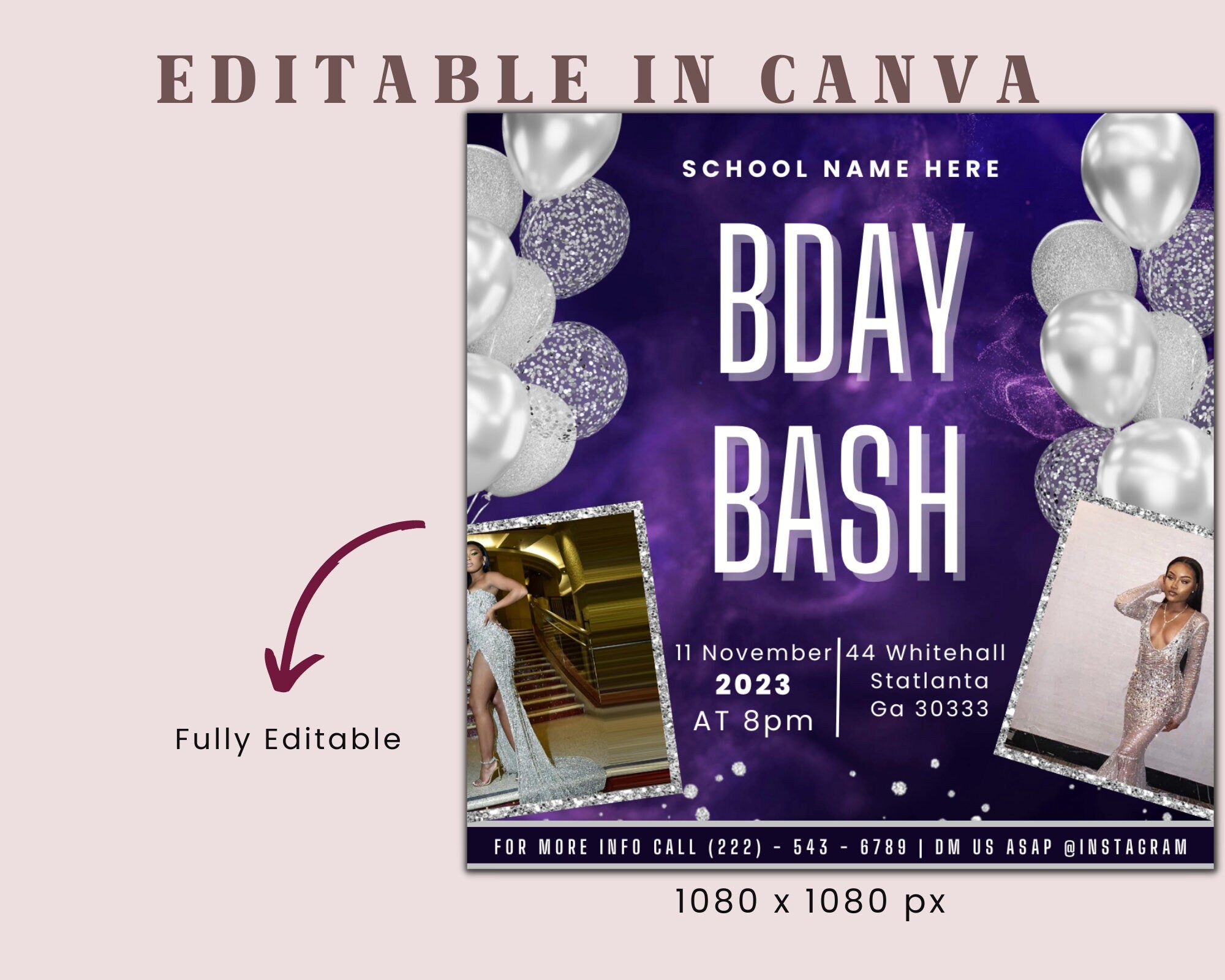 Birthday Bash Flyer, Birthday Flyer Girl, DIY Flyer Template Design, Birthday Party Invites Flyer, Premade Celebration Instagram Post