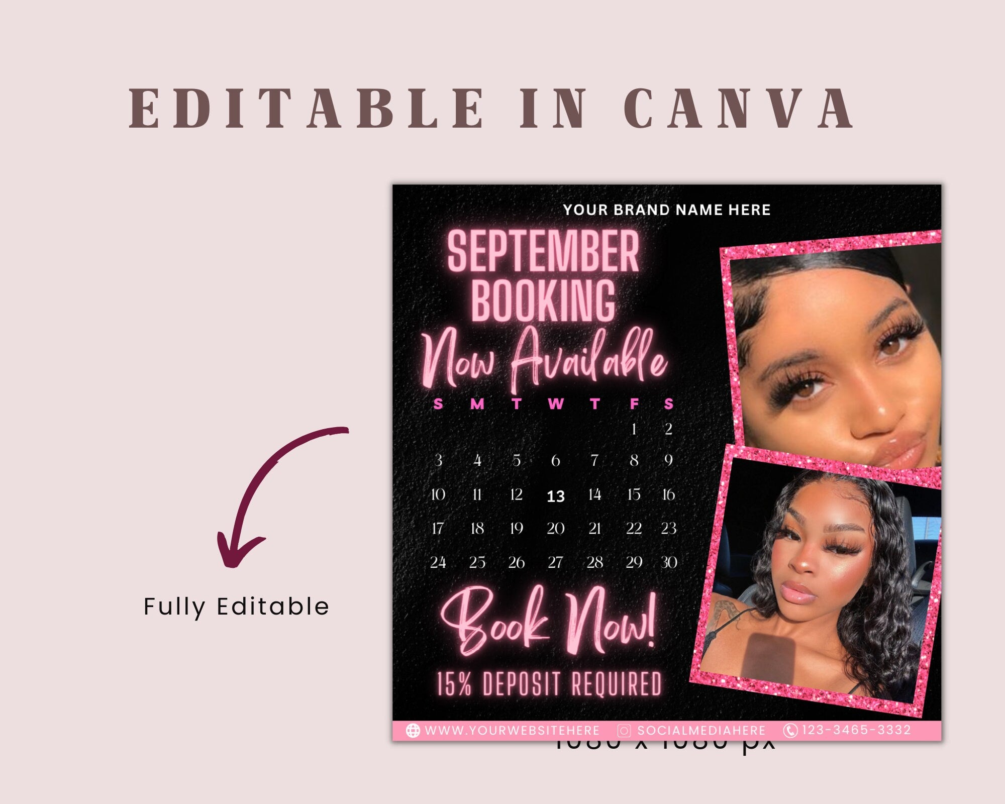 Editable September Booking Flyer, DIY Hair Lash Makeup Nail Appointments Available Flyer Template, Social Media Flyer, Book Now Flyer