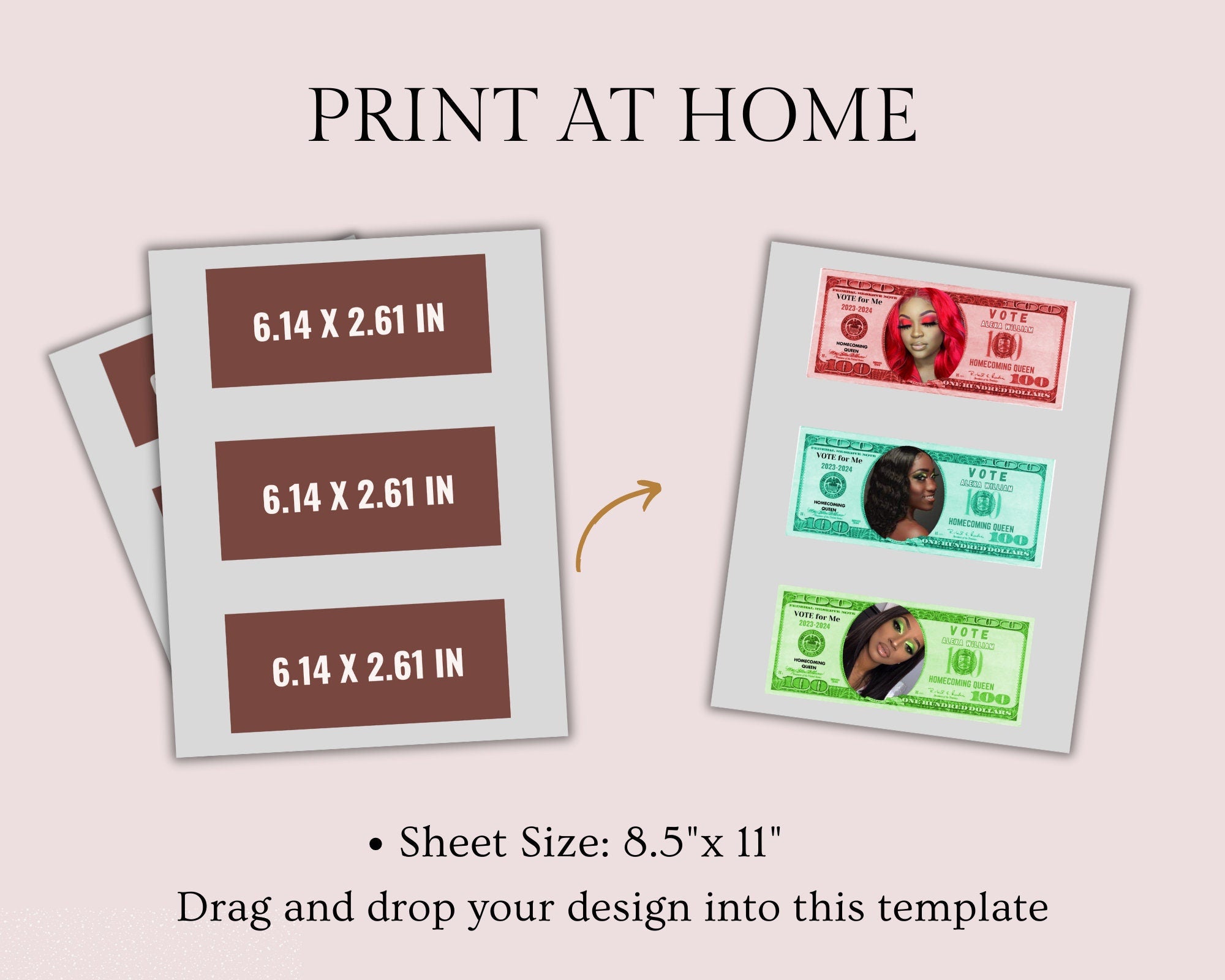 Homecoming Campaign Money, Editable Fake Money, Homecoming 100 bill, Available in 9 Colors & 2 Print Template, Prom Queen, Print and Cut