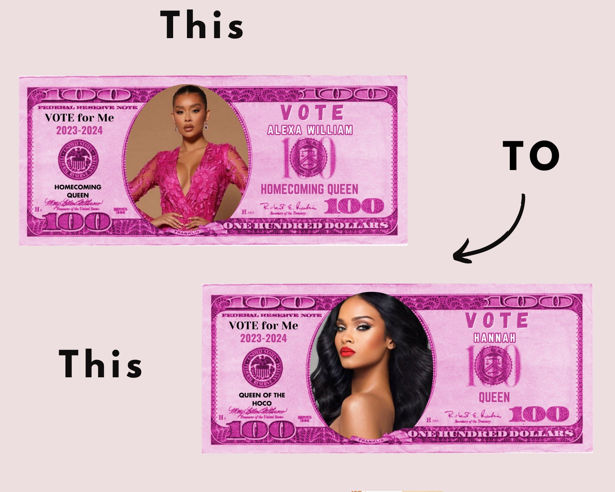 Homecoming Campaign Money, Editable Fake Money, Homecoming 100 bill, Available in 9 Colors & 2 Print Template, Prom Queen, Print and Cut