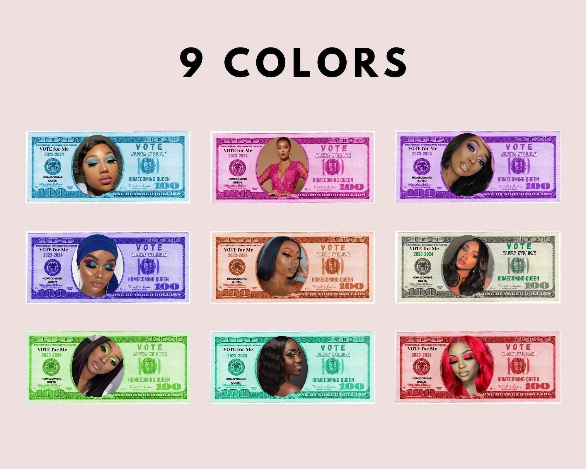 Homecoming Campaign Money, Editable Fake Money, Homecoming 100 bill, Available in 9 Colors & 2 Print Template, Prom Queen, Print and Cut