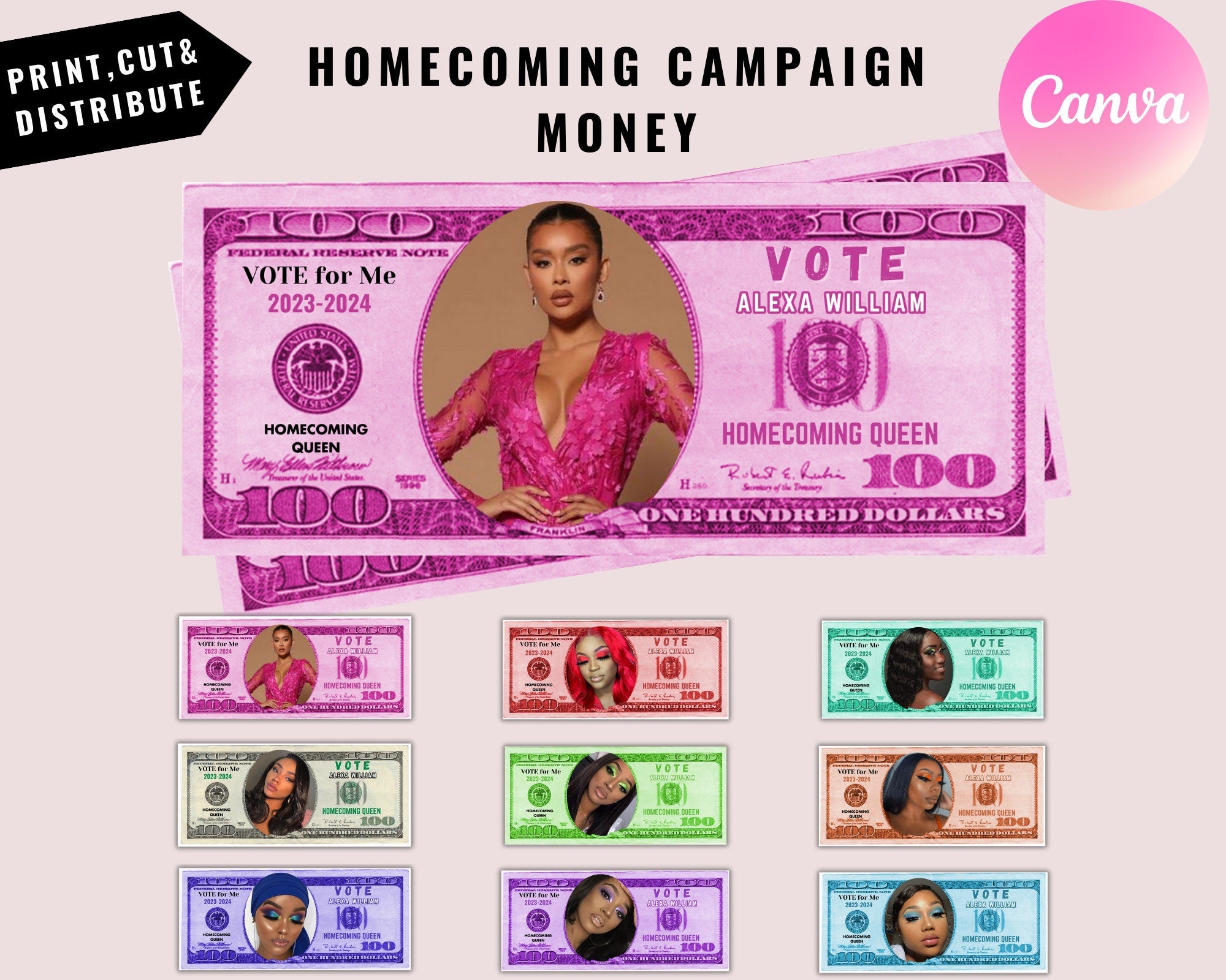 Prom Queen, Homecoming Campaign Money, Homecoming 100 bill, vote for me, election, campaign,Print and cut no files shipped,digital file only