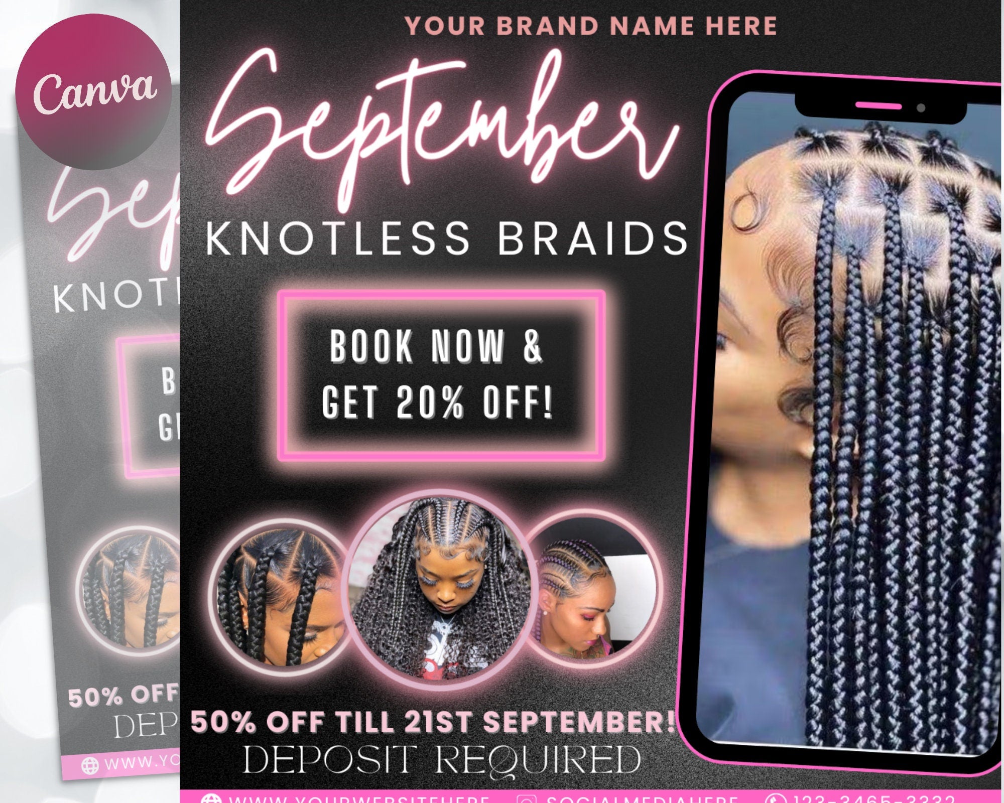 September Bookings Flyers, Knotless Braids Flyer, Braids Flyer, DIY Hair Lash Makeup Nail Book Now Flyer, Social Media Flyer