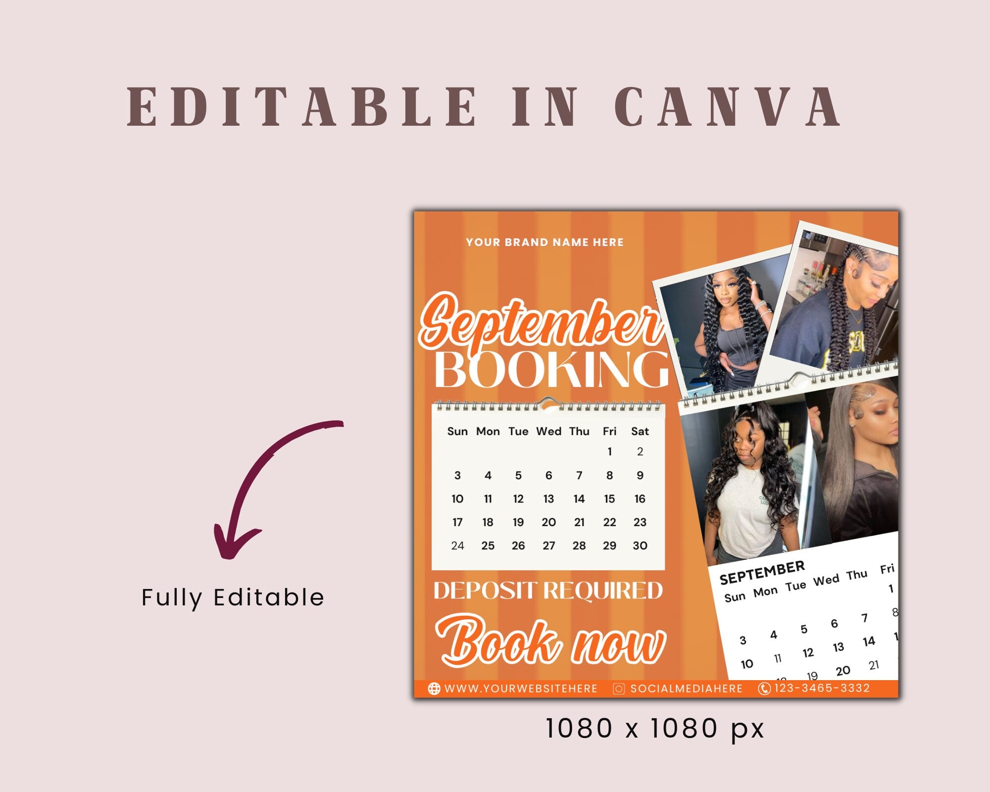 September Bookings Flyers, Editable Calendar Flyer, DIY Hair Lash Makeup Nail Book Now Flyer, Pink Flyer Social Media Flyer