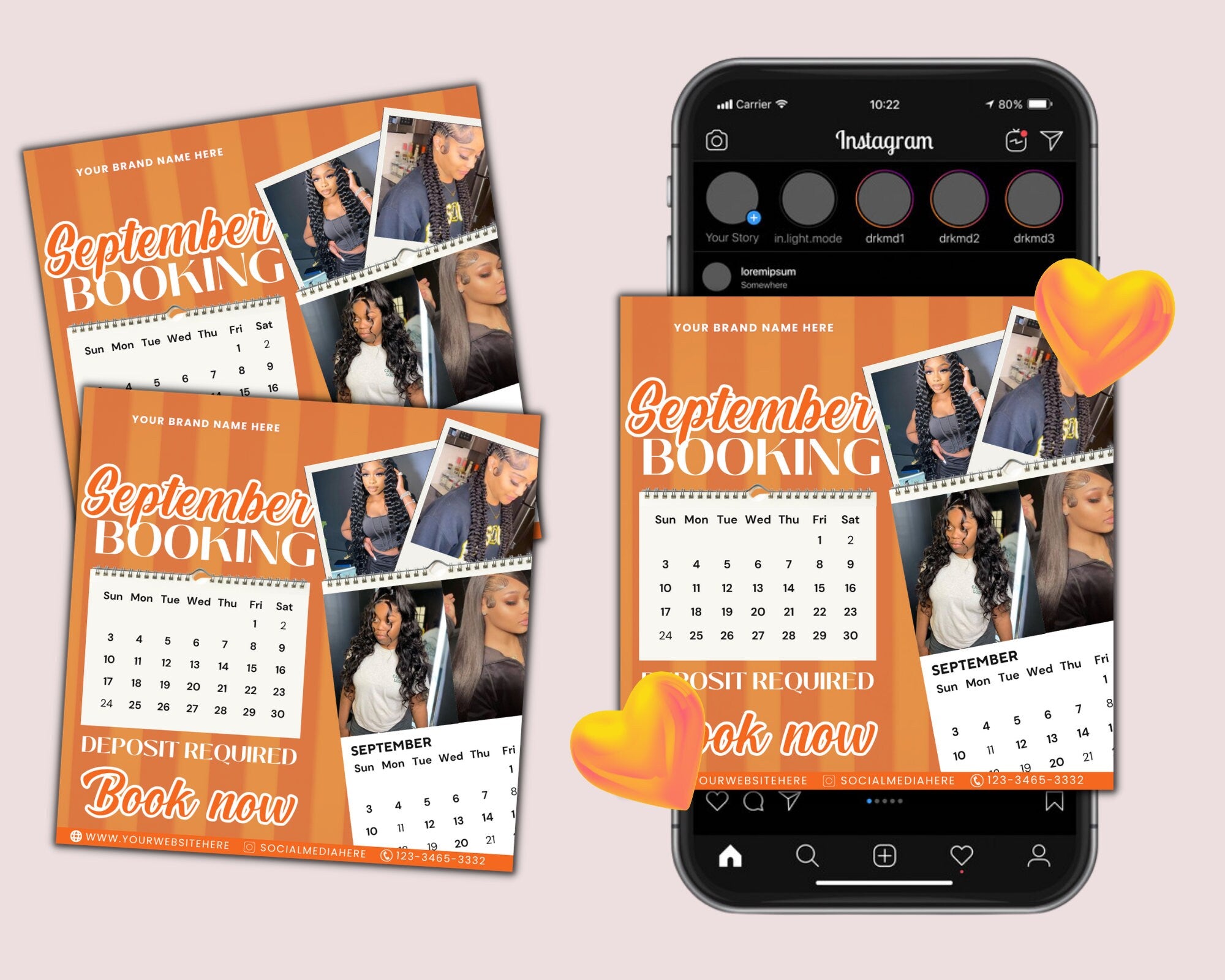 September Bookings Flyers, Editable Calendar Flyer, DIY Hair Lash Makeup Nail Book Now Flyer, Pink Flyer Social Media Flyer