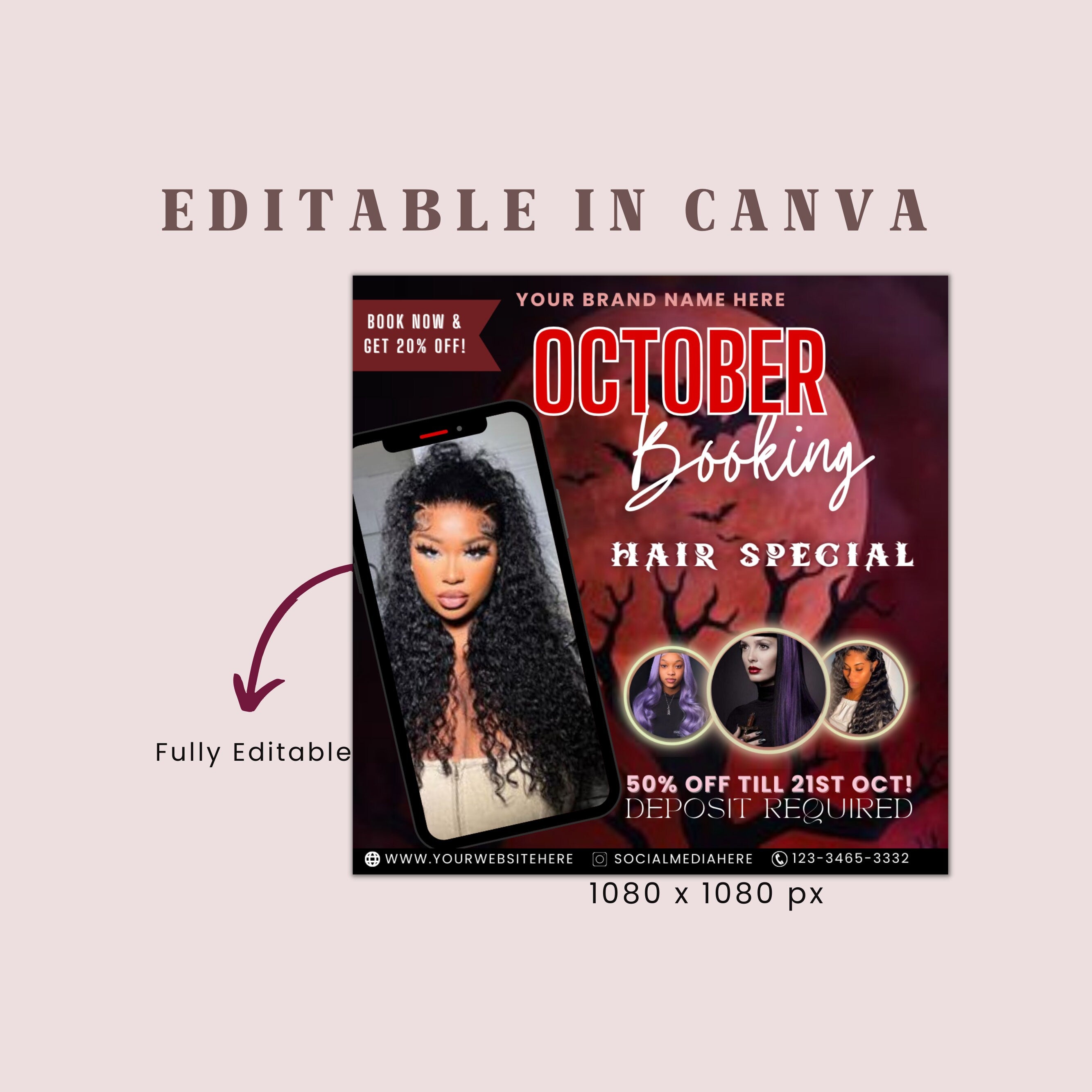 Halloween Booking Flyer, Hair Braiding, Hair Flyer, Halloween Flyer, Booking Flyer, Social Media Flyer, Canva Flyer Template