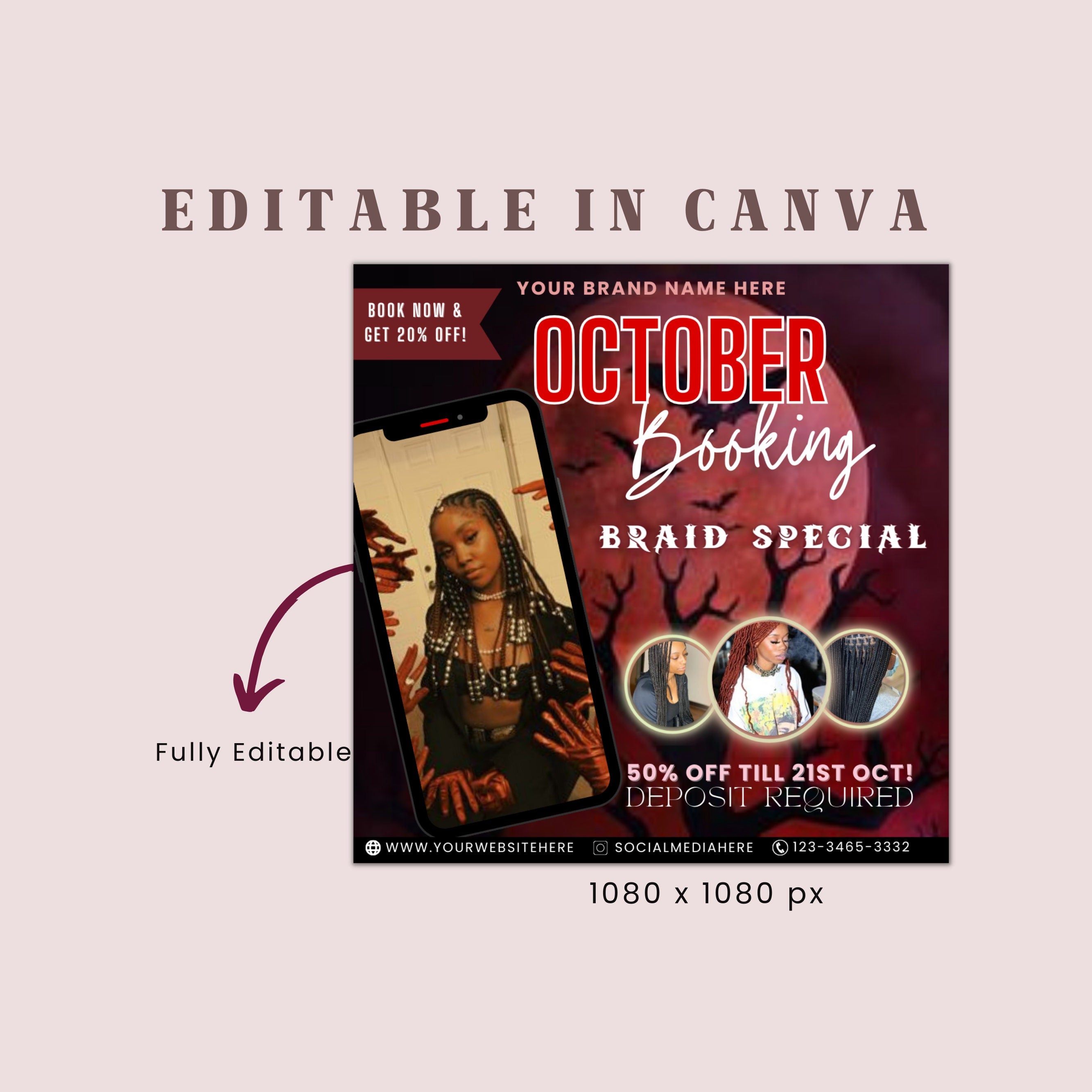 Halloween Booking Flyer, Hair Braiding, Knotless Braids Flyer, Halloween Flyer, Booking Flyer, Social Media Flyer, Canva Flyer Template