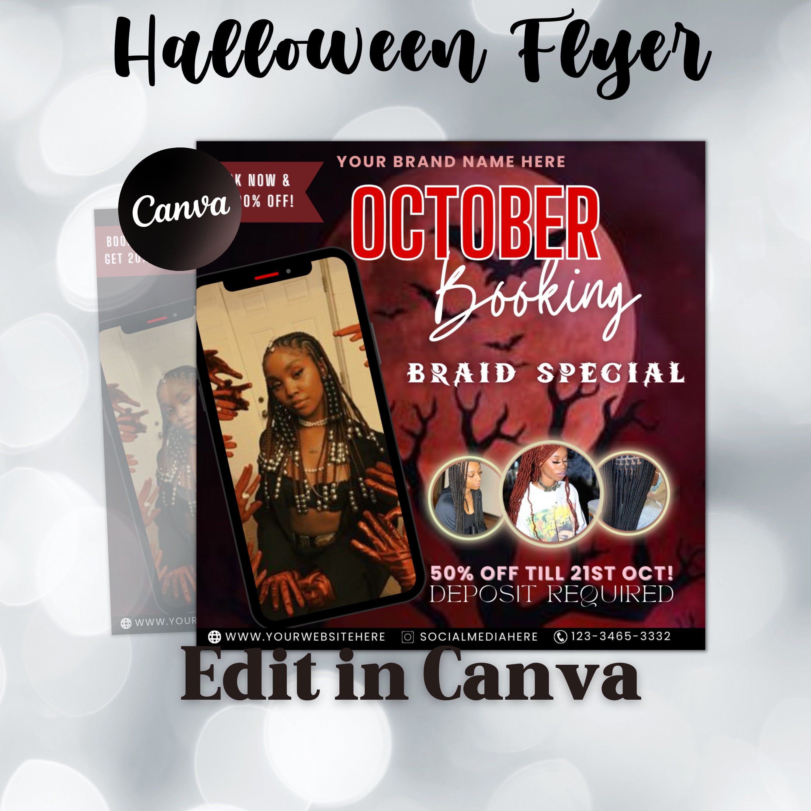 Halloween Booking Flyer, Hair Braiding, Knotless Braids Flyer, Halloween Flyer, Booking Flyer, Social Media Flyer, Canva Flyer Template