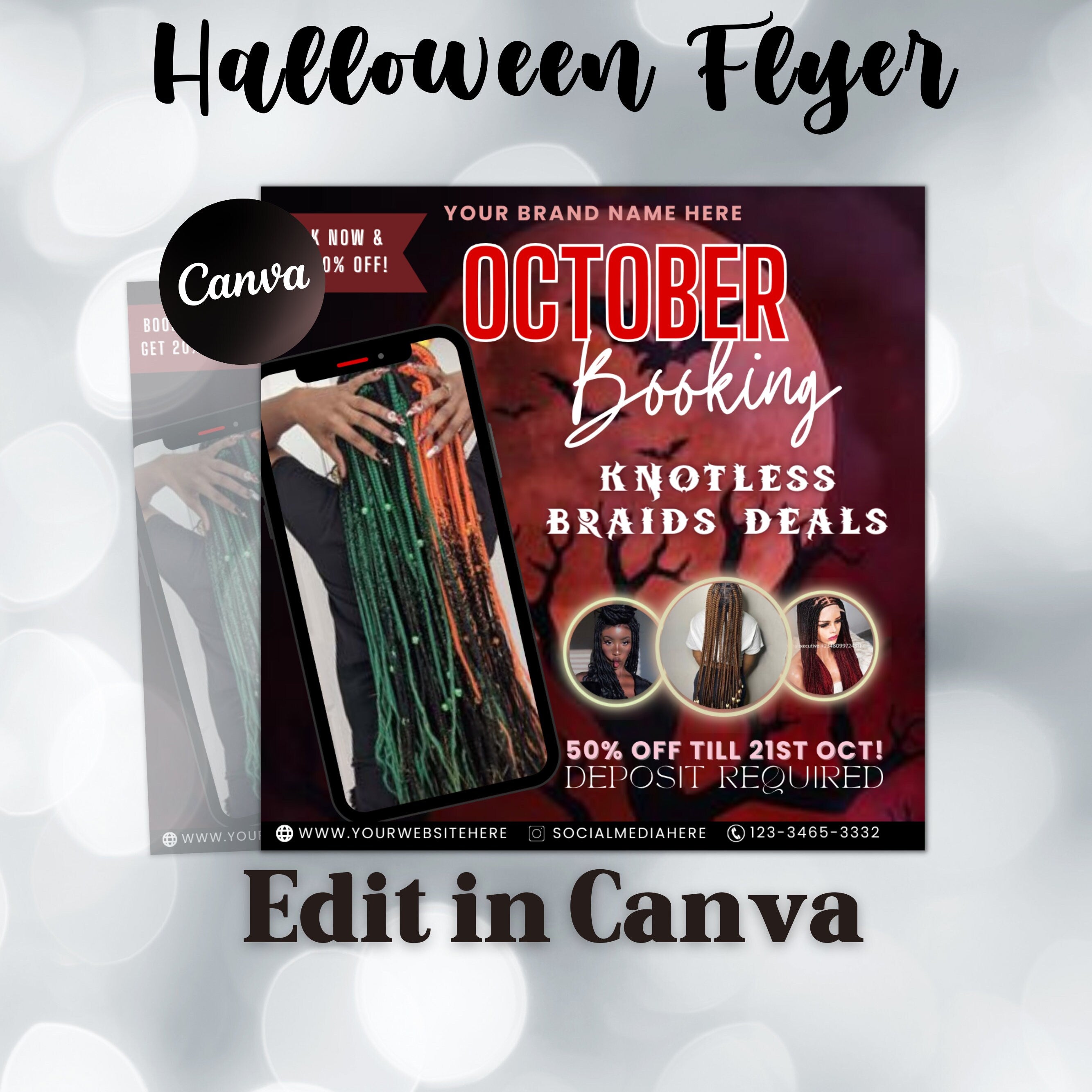 Halloween Knotless Braid Deals Flyer, Booking Flyer, Braids Flyer, Halloween Flyer, Beauty Flyer, Social Media Flyer, Canva Flyer Template