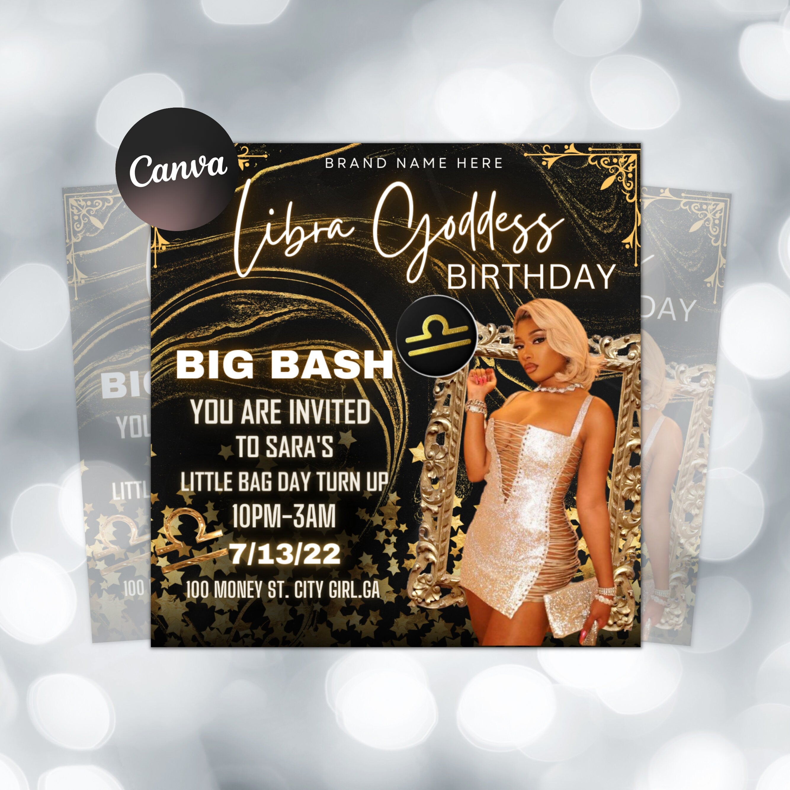 Editable Libra Birthday Flyer, Birthday Template, Birthday Girl, Golden Birthday Flyer, Libra Season, Party Flyer, Celebration Flyer