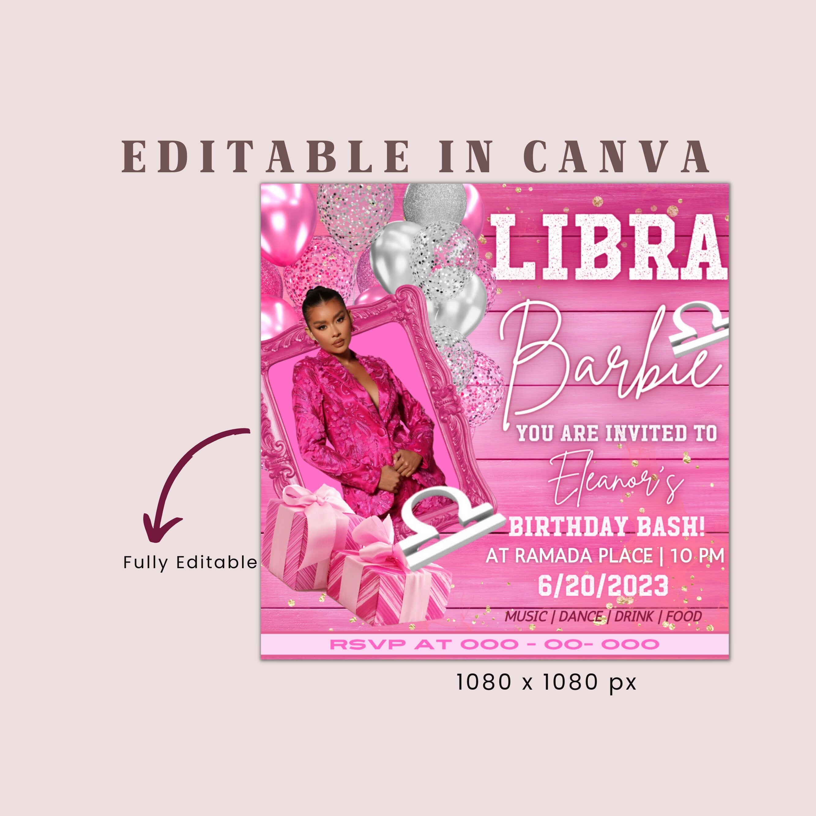 Editable Libra Birthday Flyer, Birthday Template, Birthday Girl, Pink Birthday Flyer, Libra Season, Party Flyer, Celebration Flyer