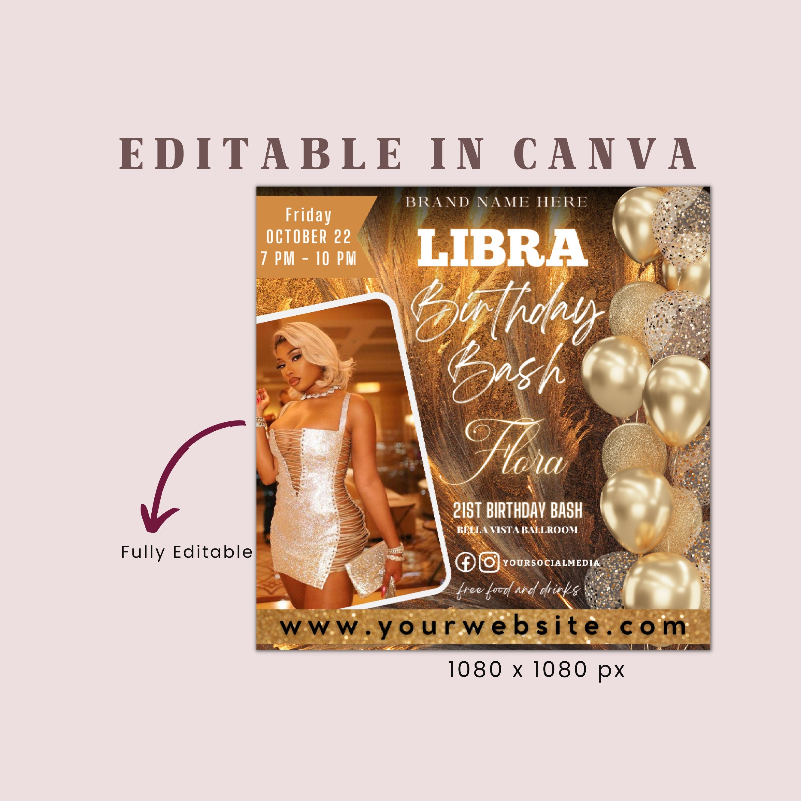 Editable Libra Birthday Flyer, Birthday Template, Birthday Girl, Golden Birthday Flyer, Libra Season, Party Flyer, Celebration Flyer