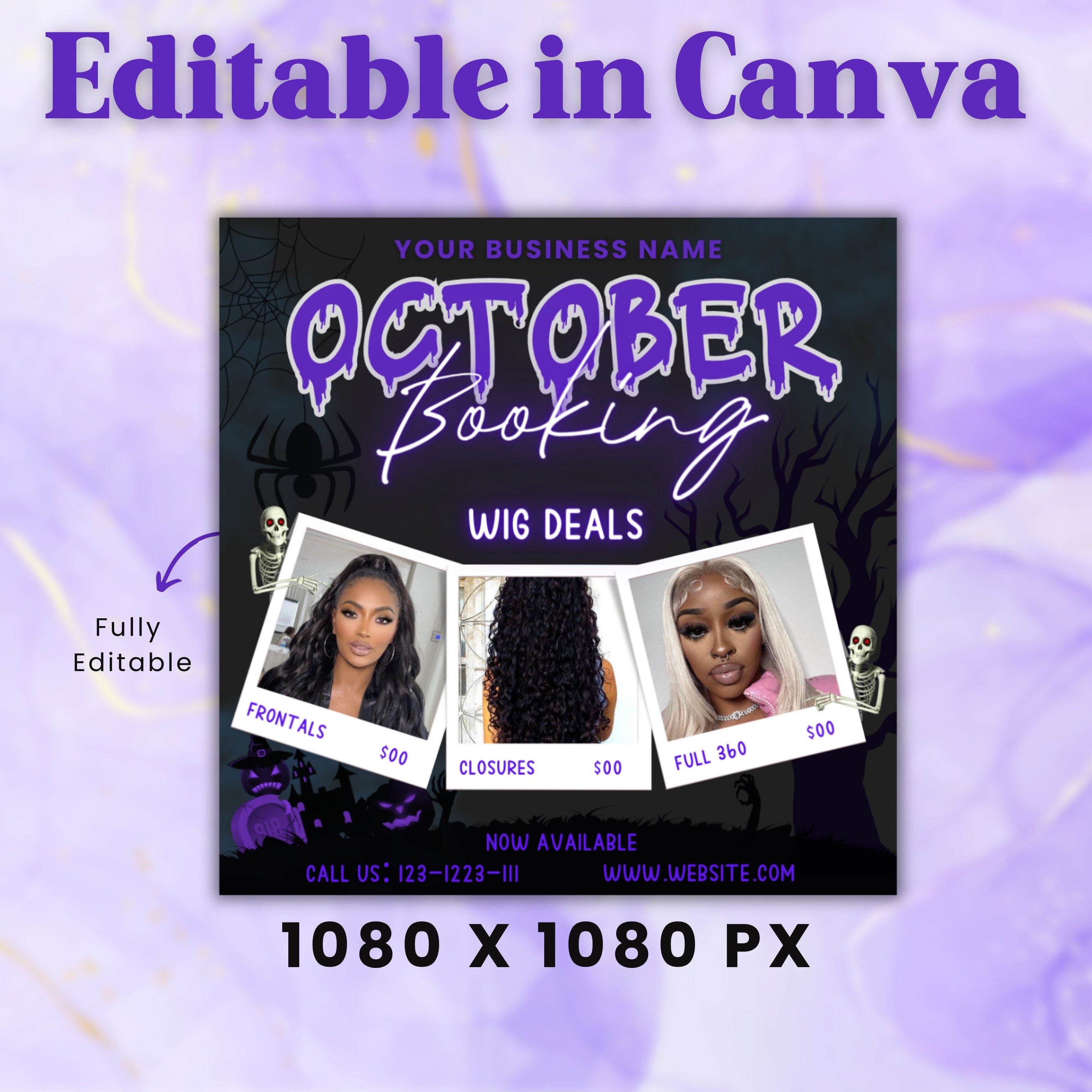 Wig Install Flyer, October Booking Flyer, Beauty Flyer, Halloween Flyer, Wig Flyer, Social Media Flyer, Canva Flyer Template