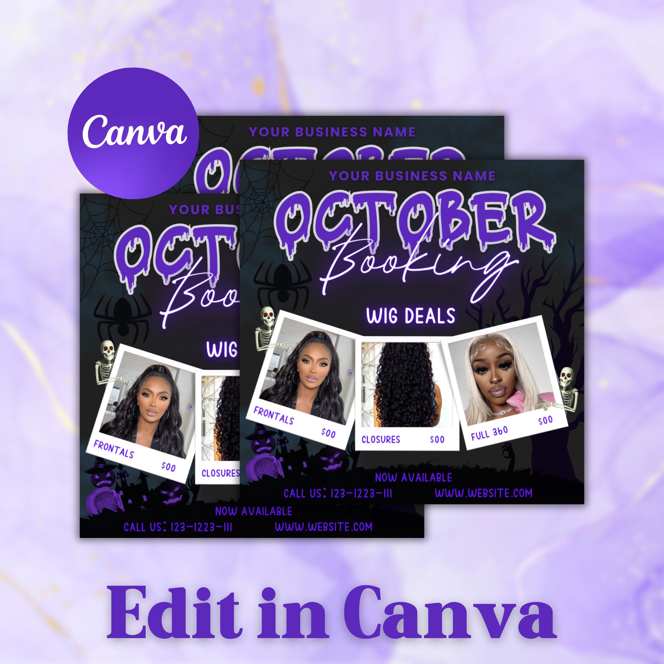 Wig Install Flyer, October Booking Flyer, Beauty Flyer, Halloween Flyer, Wig Flyer, Social Media Flyer, Canva Flyer Template