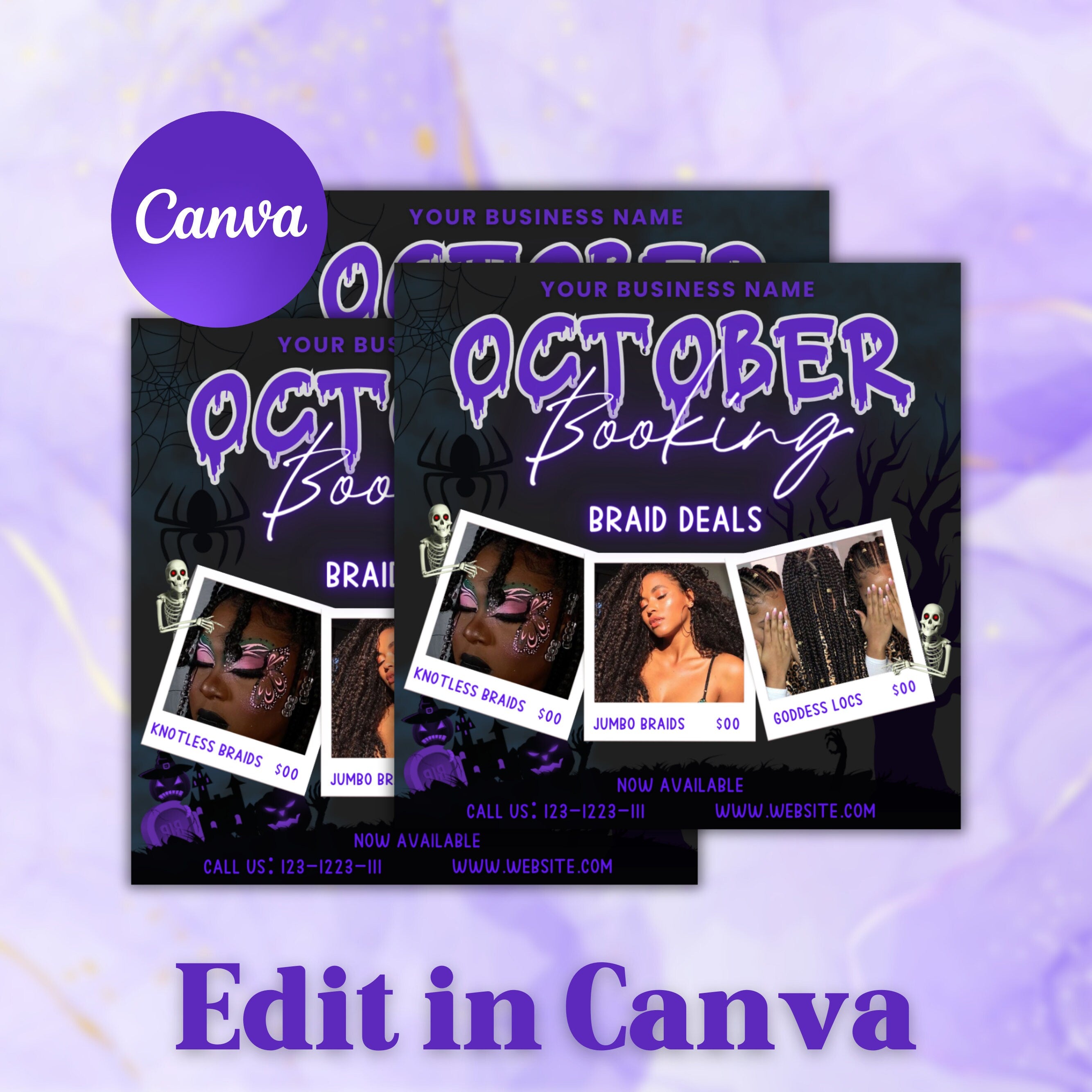 October Booking Flyer, Hair Braiding, Knotless Braids Flyer, Halloween Flyer, Booking Flyer, Social Media Flyer, Canva Flyer Template