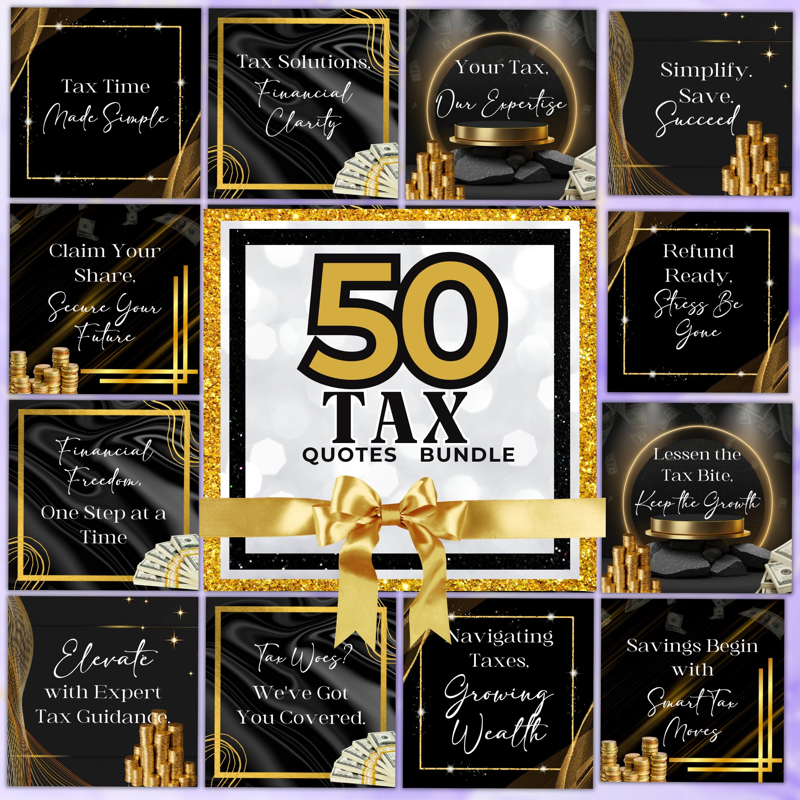 Tax Prep Quotes Bundle, Bundle of 50, Gold & Black Tax Preparation Accounting Quotes, Tax Prep Flyers Quotes Bundle,Tax Social Media Quotes