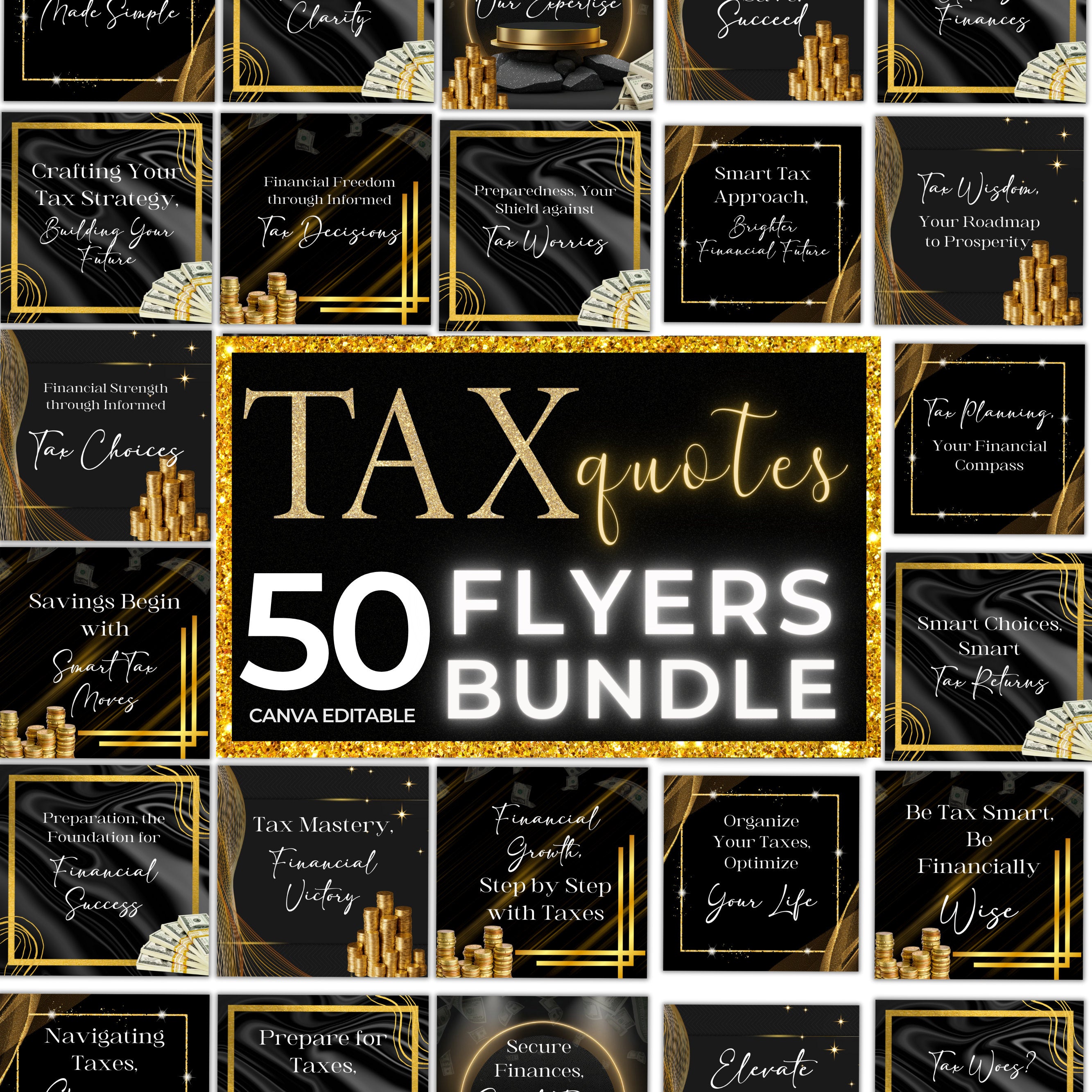 Tax Prep Quotes Bundle, Bundle of 50, Gold & Black Tax Preparation Accounting Quotes, Tax Prep Flyers Quotes Bundle,Tax Social Media Quotes