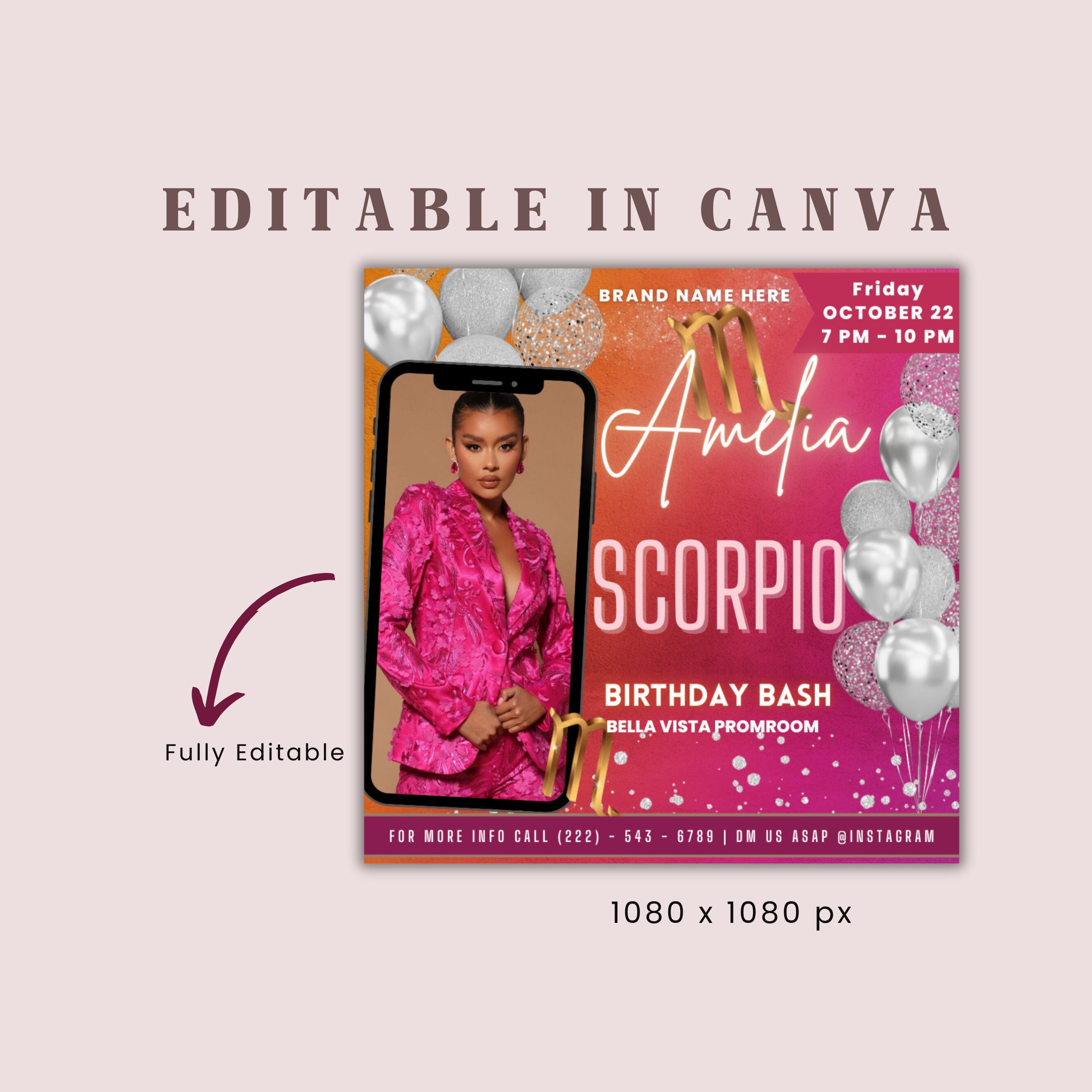 Editable Scorpio Birthday Flyer, Scorpio Invitation, Scorpio Flyer, Pink Invitation Flyer, Scorpio Party Flyer, Birthday Flyer Template