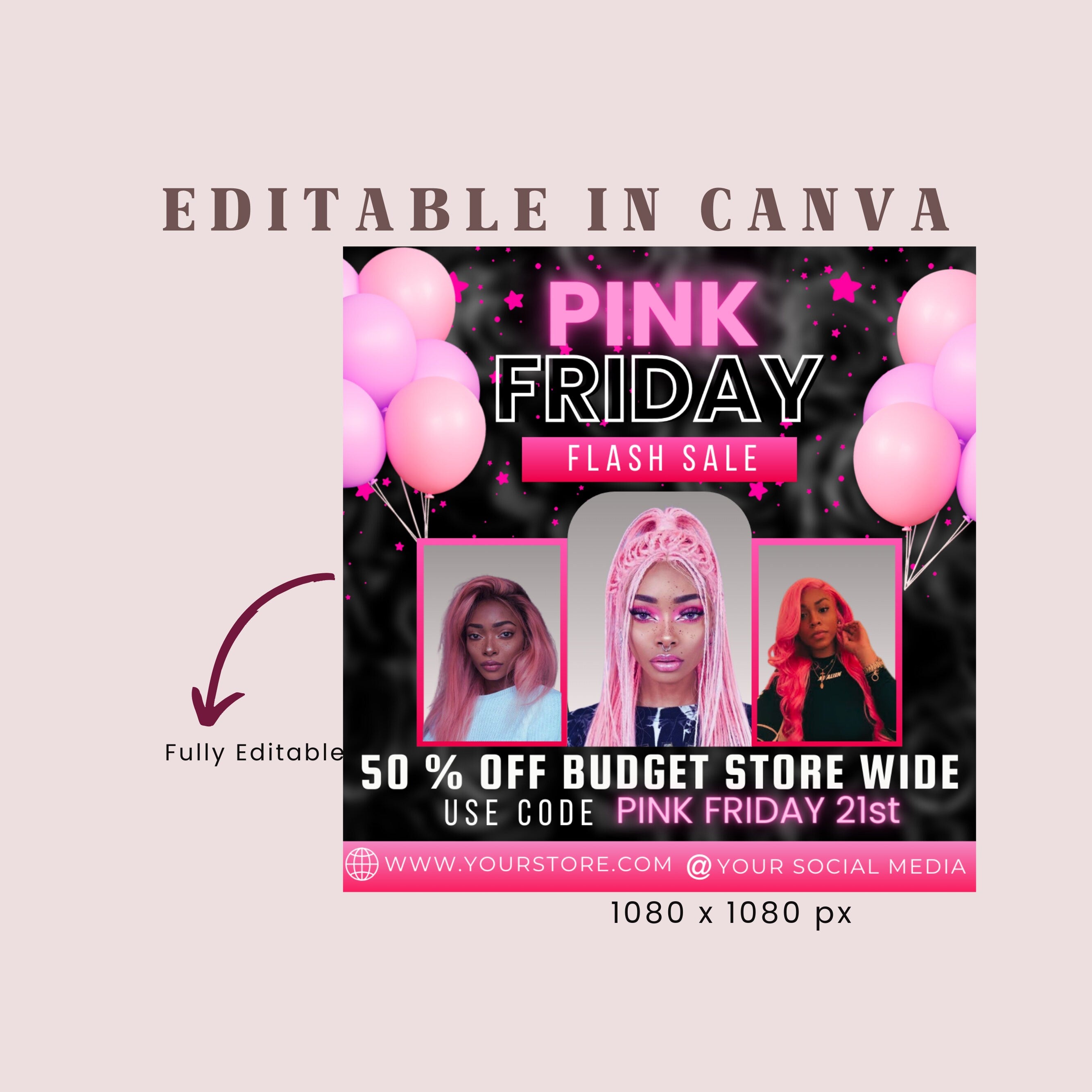 Editable Black Friday Flyer, Black Friday Sales, Pink Friday Sale flyer, Black Friday Deals, Black Friday Flyer Instagram Stories