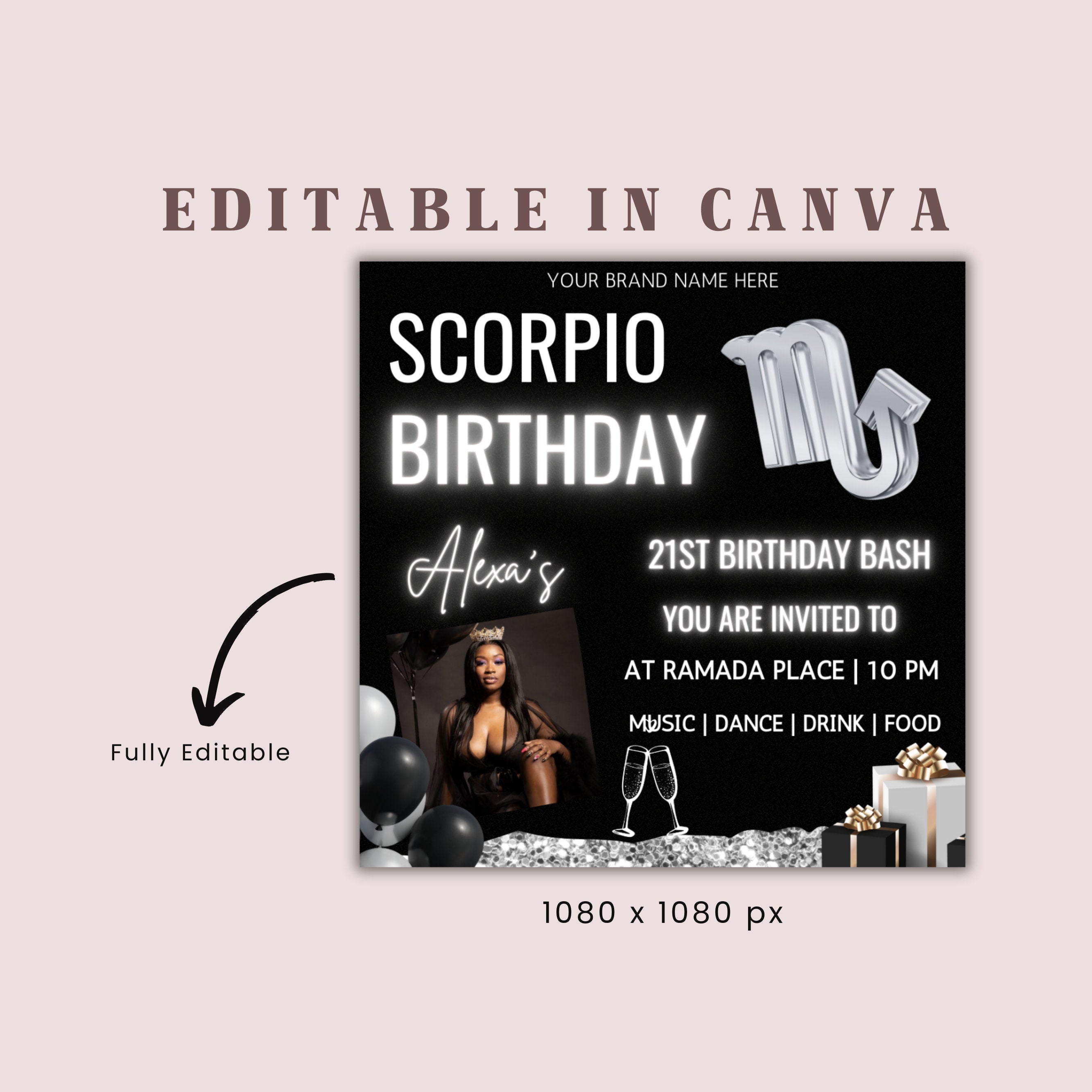 Scorpio Birthday Flyer,Birthday Template, Birthday Girl, Party Flyer, Celebration Flyer,Birthday Event, Birthday Invite,Canva Flyer Template