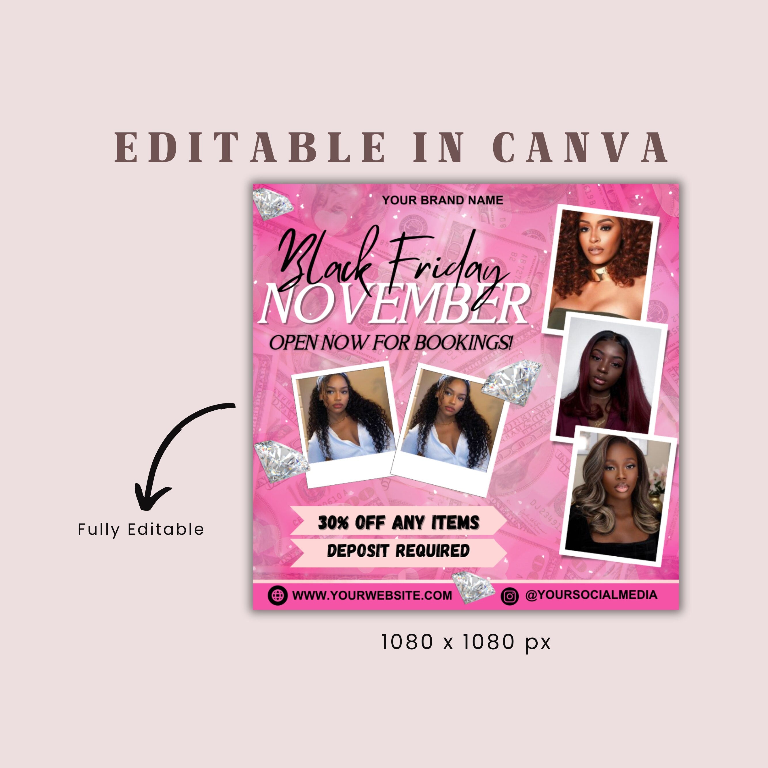 November Black Friday Booking Flyer, Book Now, November Sale Flyer, Hair Braids Wig Lashes Nails Editable - Canva DIY Flyer