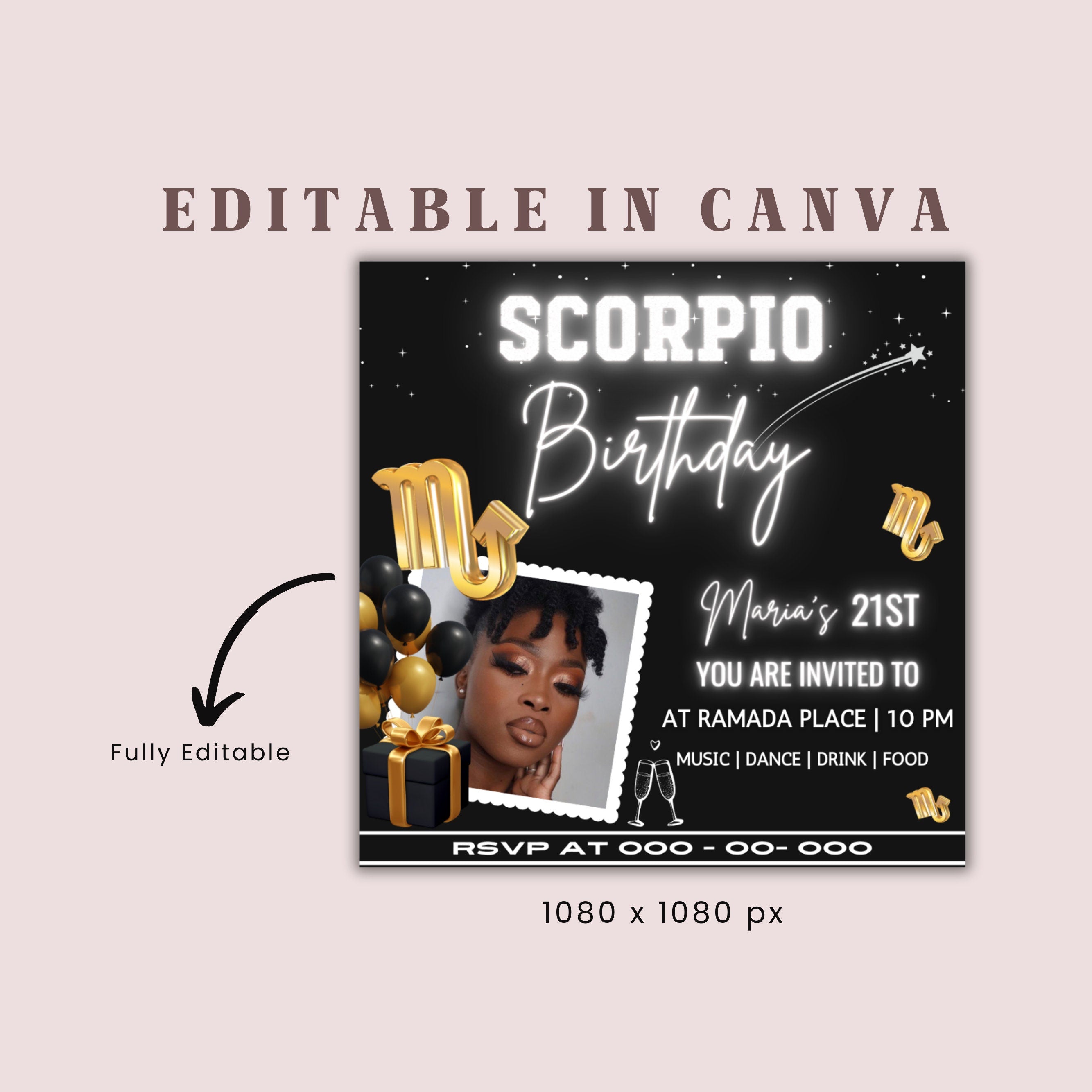 Editable Scorpio Birthday Flyer, Scorpio Invitation, Scorpio Flyer, Pink Invitation Flyer, Scorpio Party Flyer, Birthday Flyer Template