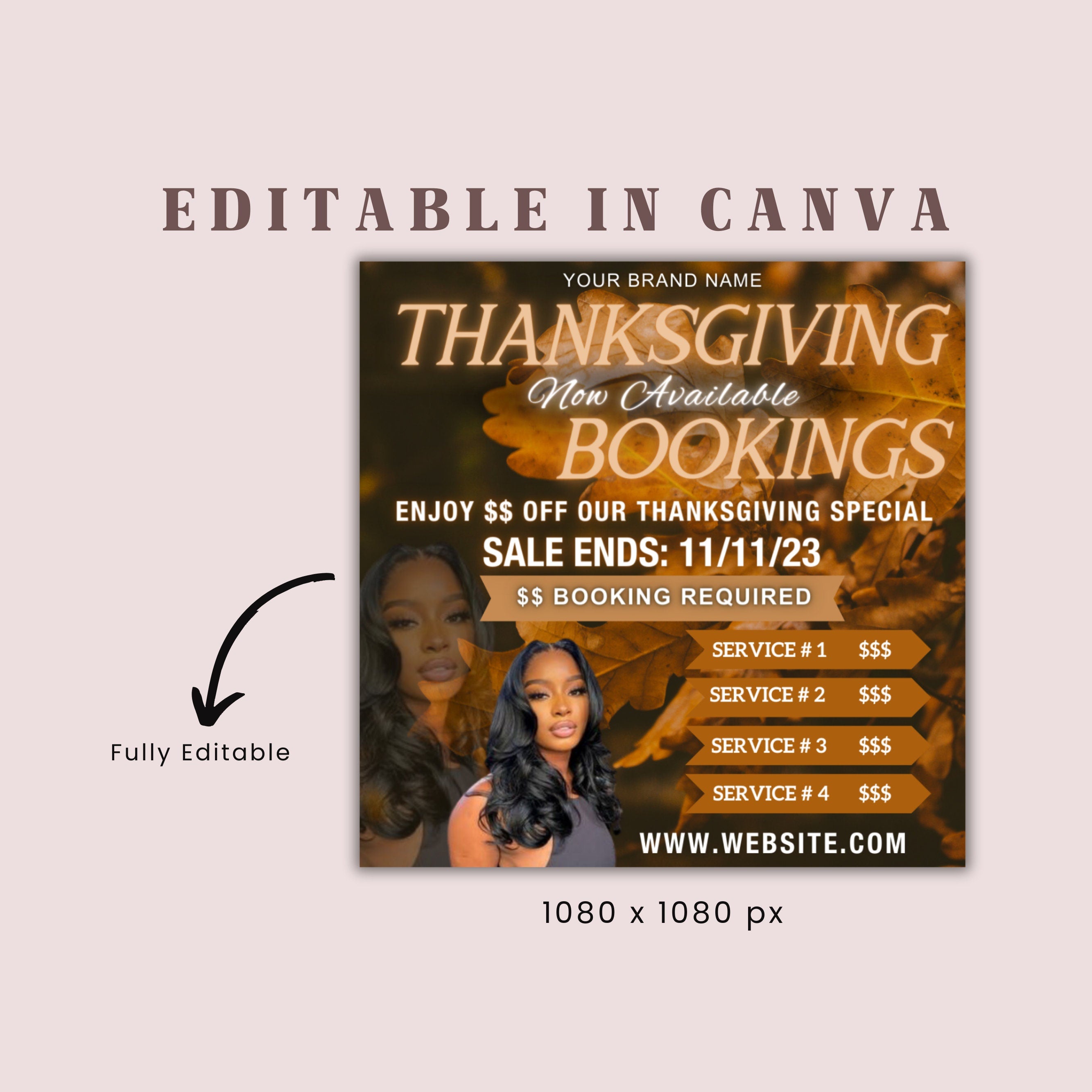 Thanksgiving Special Flyer, November Bookings, Fall Szn, Wig Installs, Braids, Nail Tech, Lash Tech, Pre Made Business Flyer, Edit In Canva