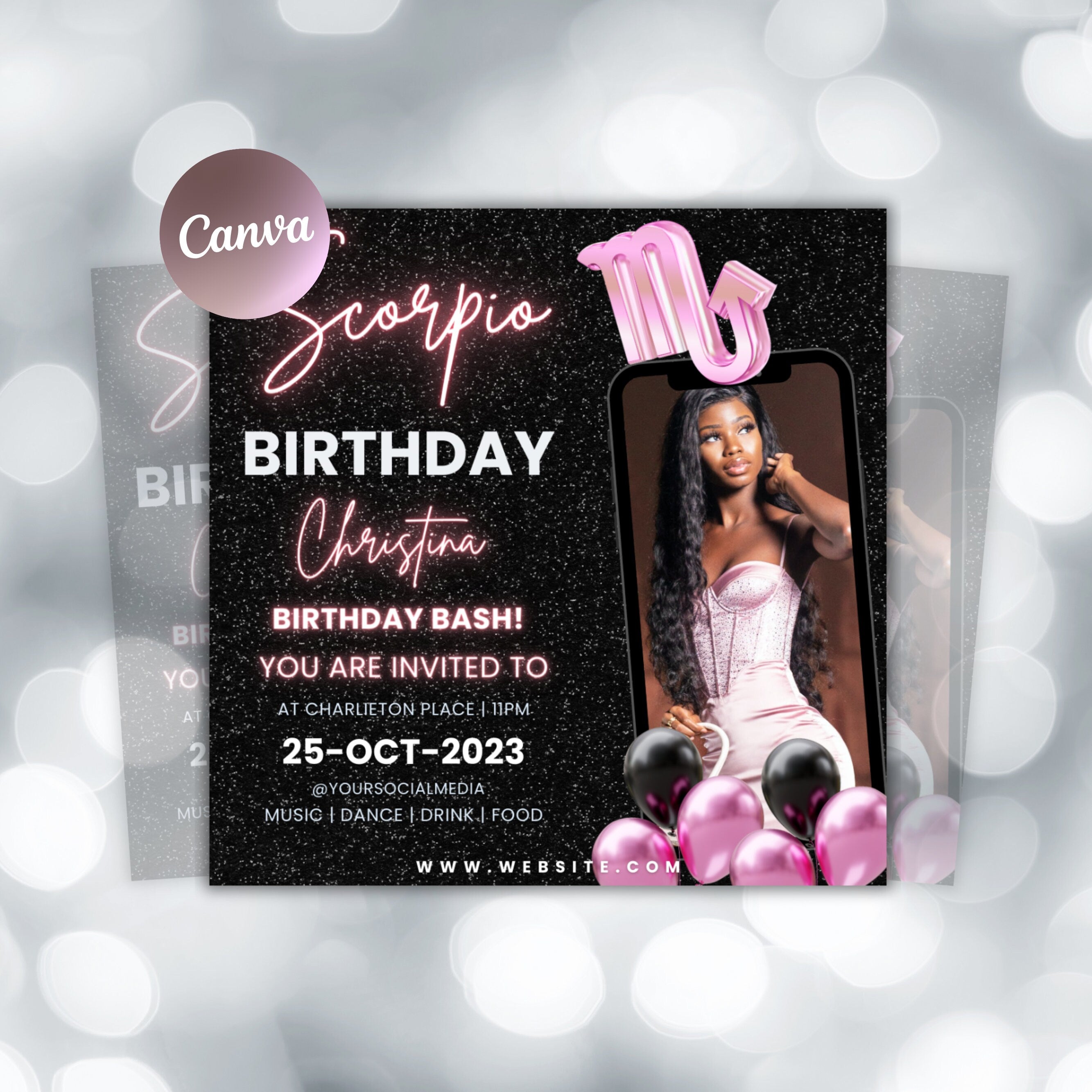 Scorpio Birthday Flyer,Birthday Template, Birthday Girl, Party Flyer, Celebration Flyer,Birthday Event, Birthday Invite,Canva Flyer Template