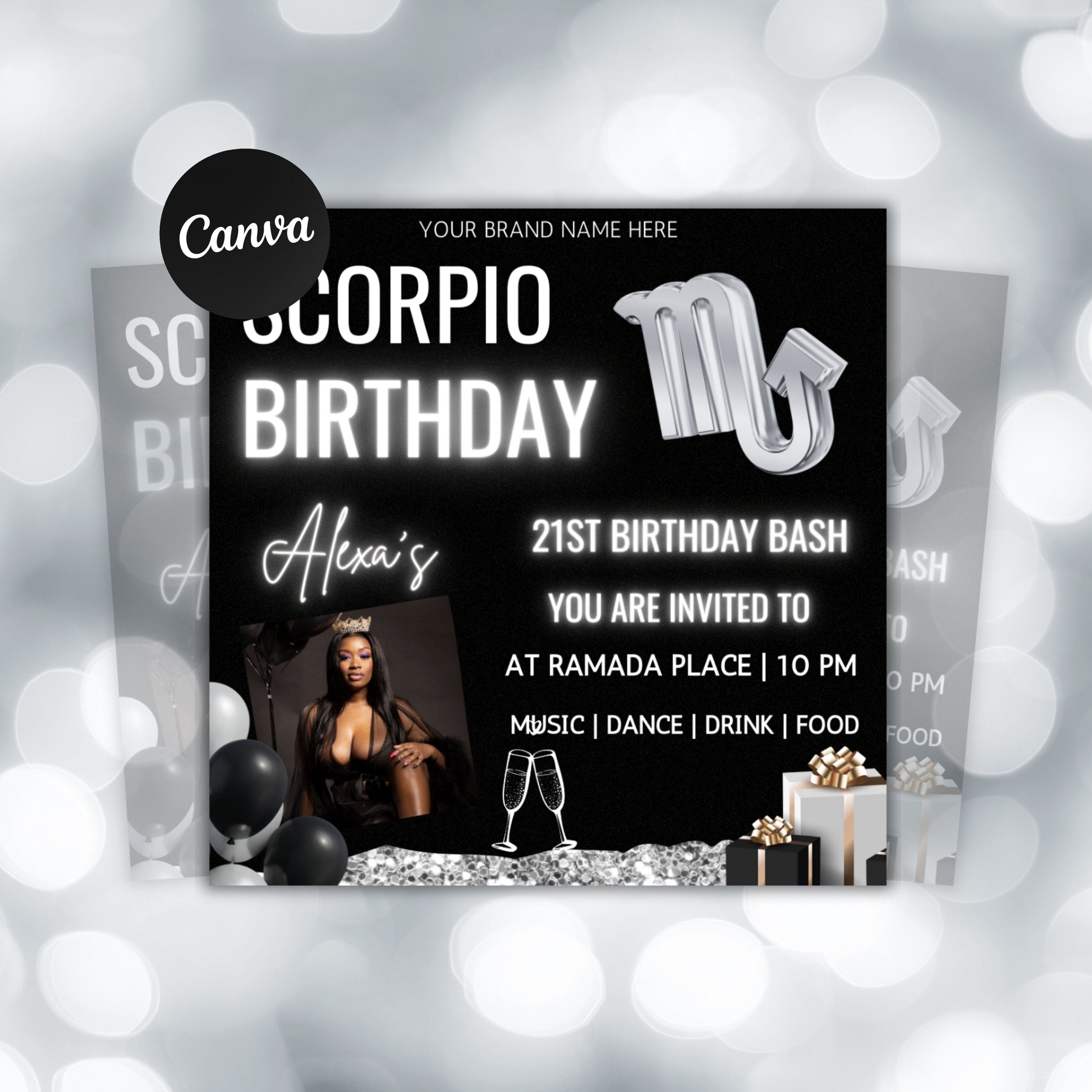 Scorpio Birthday Flyer,Birthday Template, Birthday Girl, Party Flyer, Celebration Flyer,Birthday Event, Birthday Invite,Canva Flyer Template