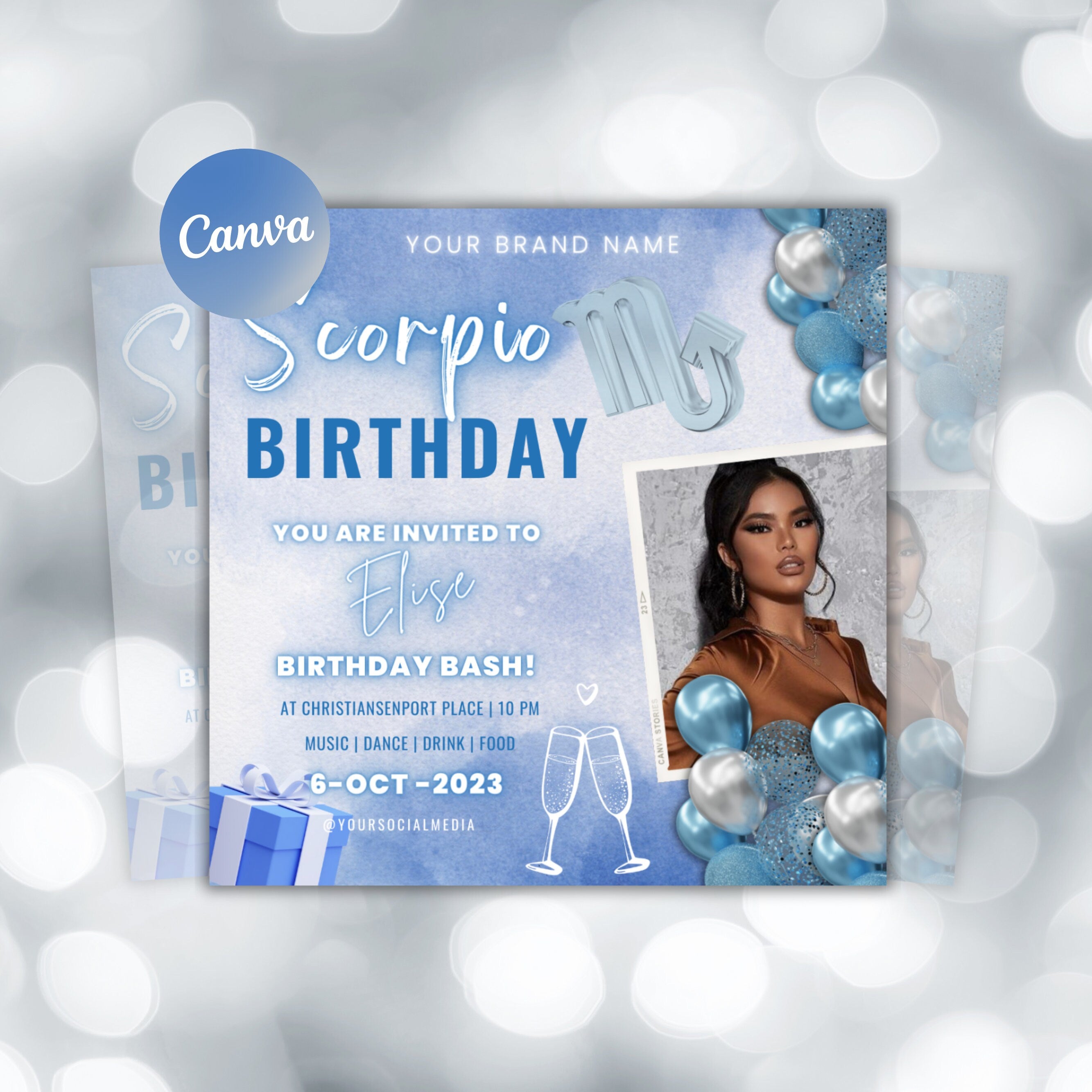 Scorpio Birthday Flyer,Birthday Template, Birthday Girl, Party Flyer, Celebration Flyer,Birthday Event, Birthday Invite,Canva Flyer Template