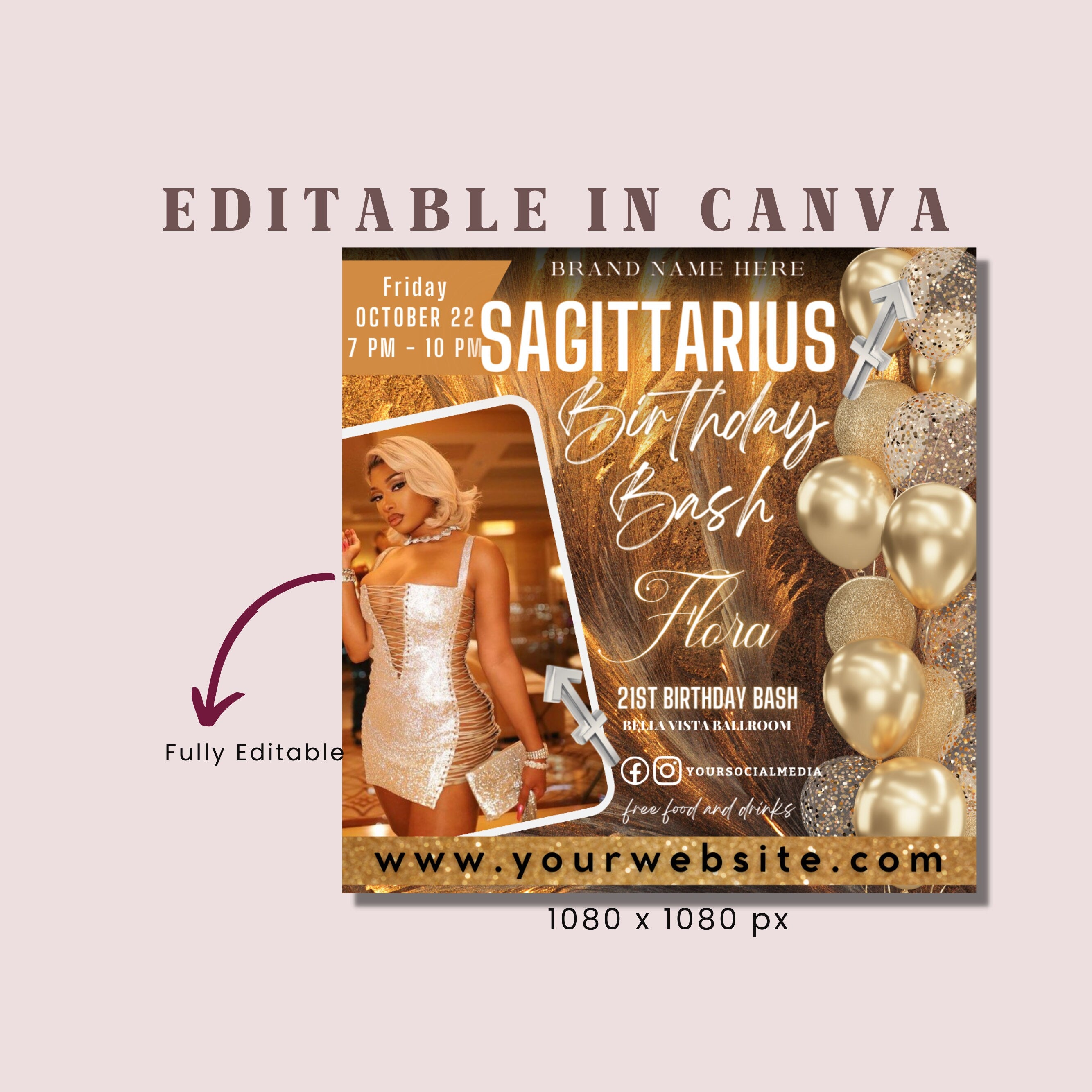 Sagittarius Birthday Flyer, Sagittarius Birthday Invitation, Birthday Flyer, Sagittarius Bash Flyer, Birthday Flyer Template For Woman