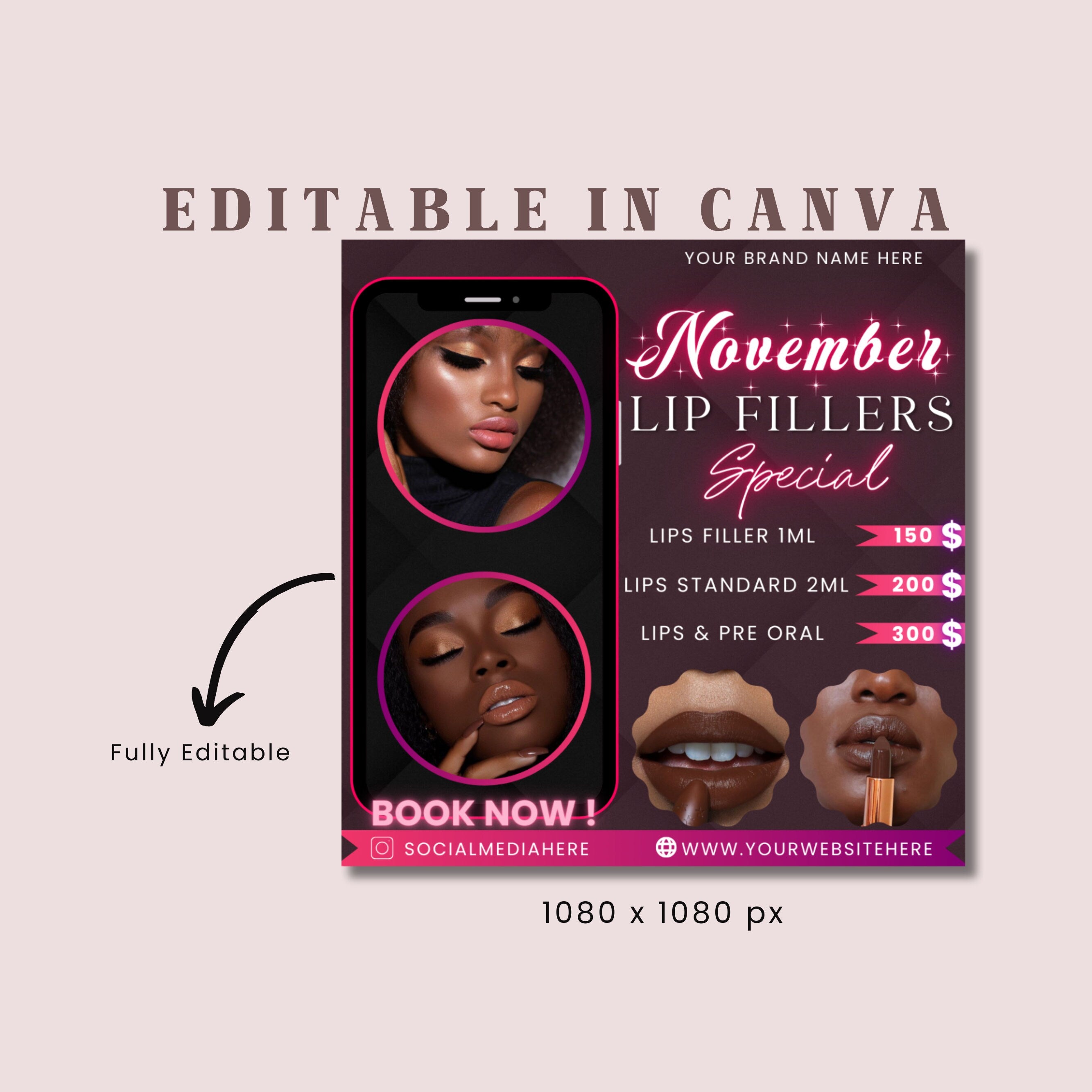 November Booking Flyer, Fall Bookings flyer, Deals Flyer, Lip Fillers Deals, Makeup Flyer, Book Now Appointments, Canva Template