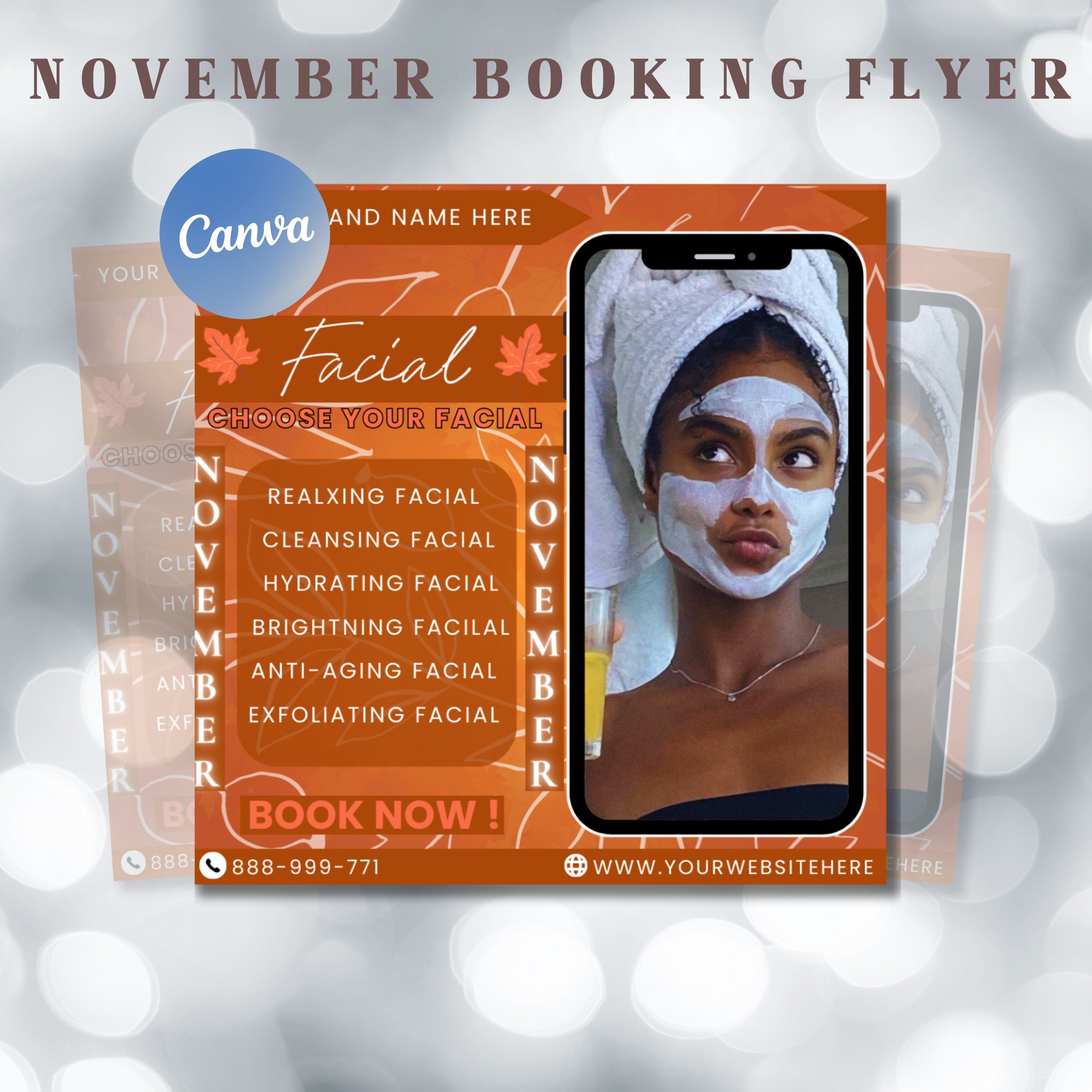 November Booking Flyer, Fall Bookings flyer, Deals Flyer, Facials Deals, Makeup Flyer, Book Now Appointments, Canva Template