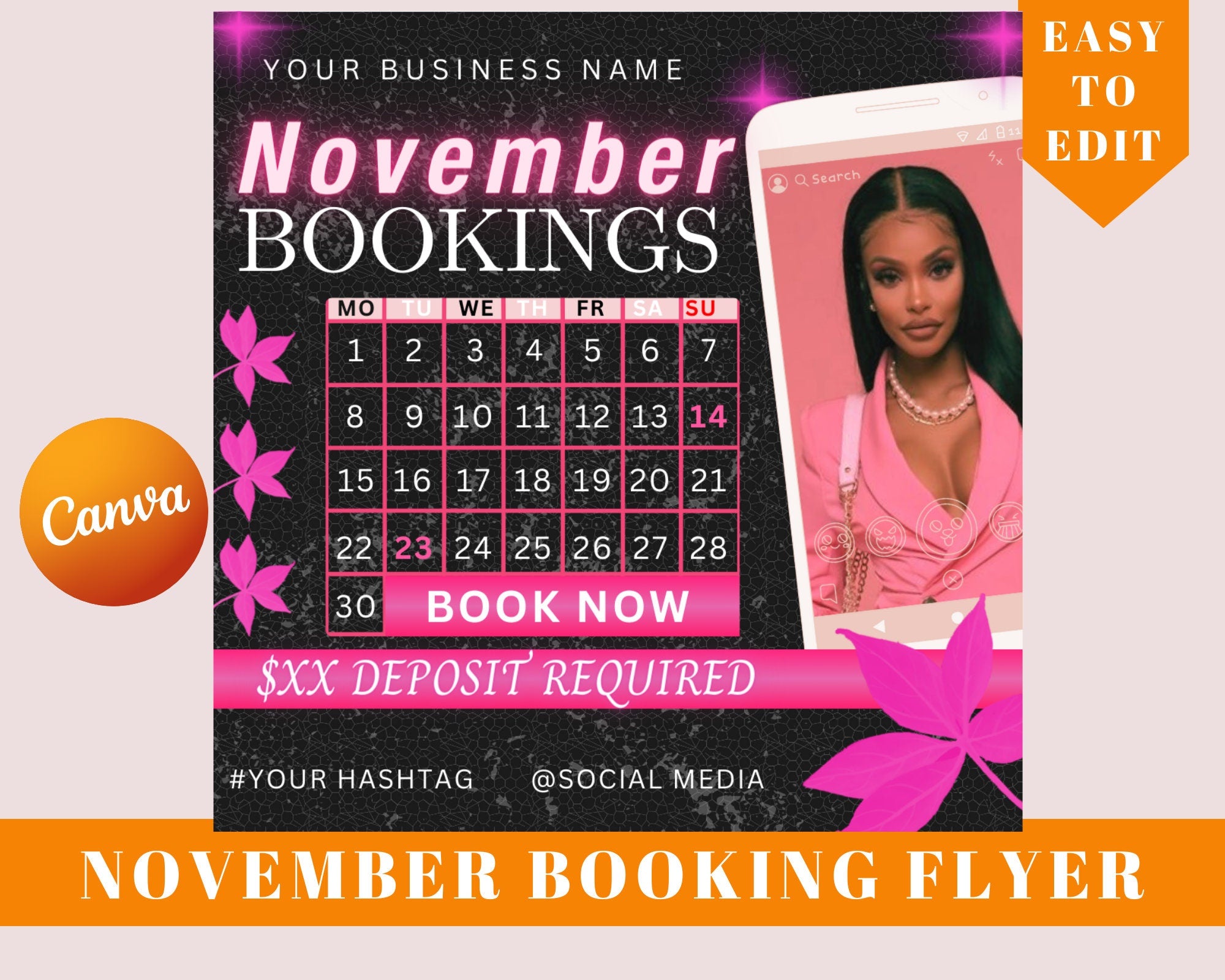 November Bookings Flyer, Fall Bookings Flyer, Book Now Appointments, Beauty, Lashes, Make up, Nails, Hair, Canva Template