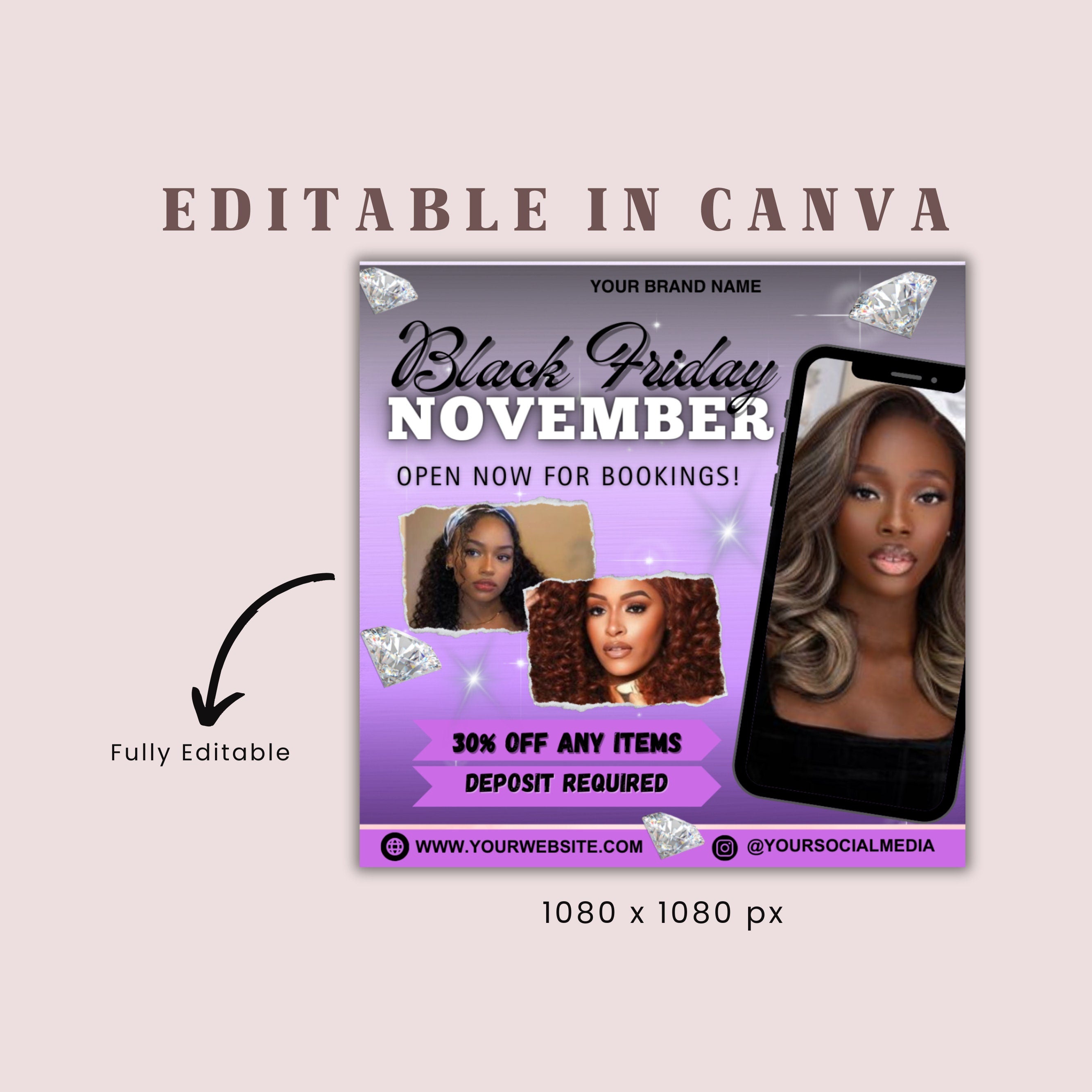 November Booking Flyer, Black Friday Flyer, Book Now, Black Friday Sale Flyer, Hair Braids Wig Lashes Nails Editable, Canva DIY Flyer