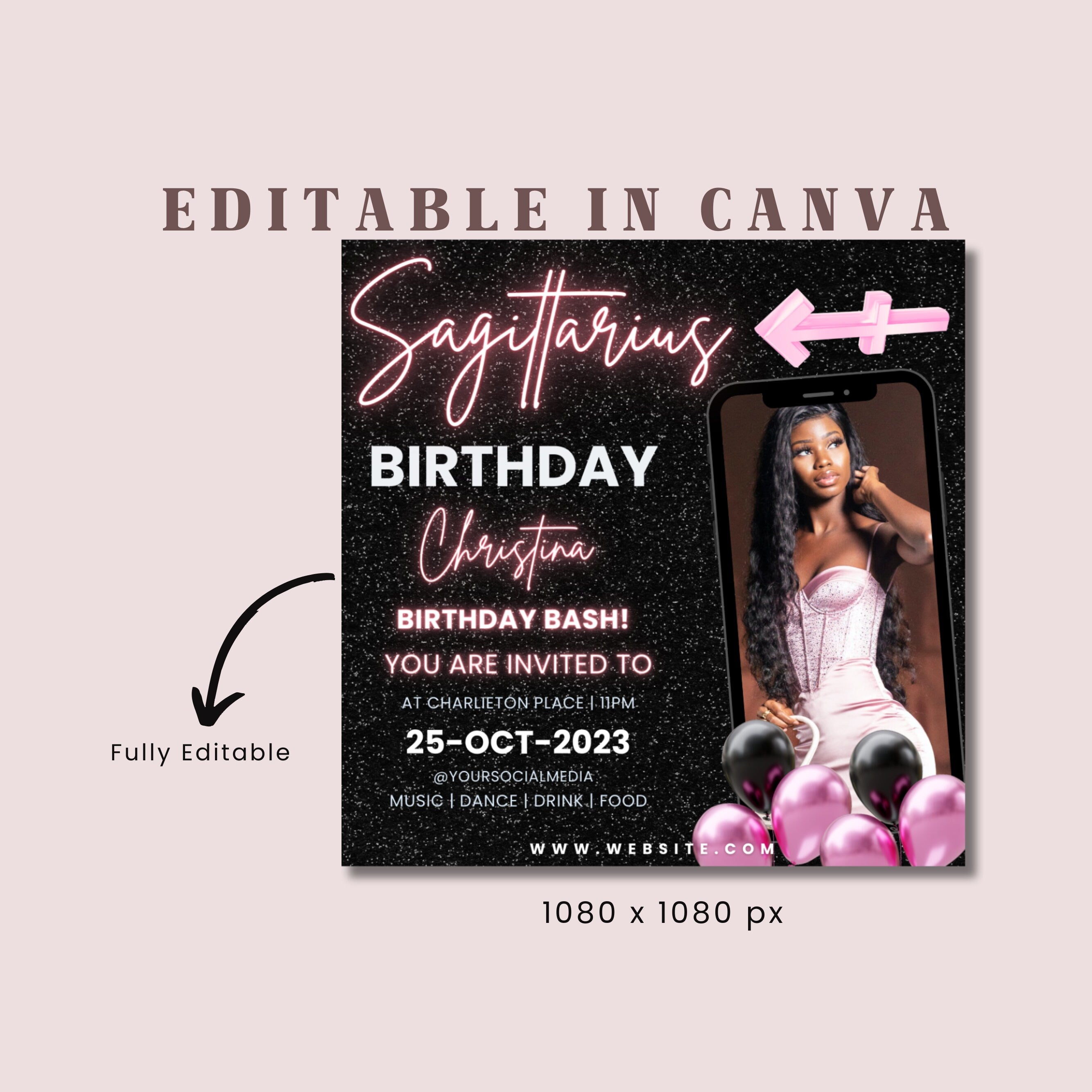 Sagittarius Birthday Flyer, Sagittarius Birthday Invitation, Birthday Flyer, Sagittarius Bash Flyer, Birthday Flyer Template For Woman