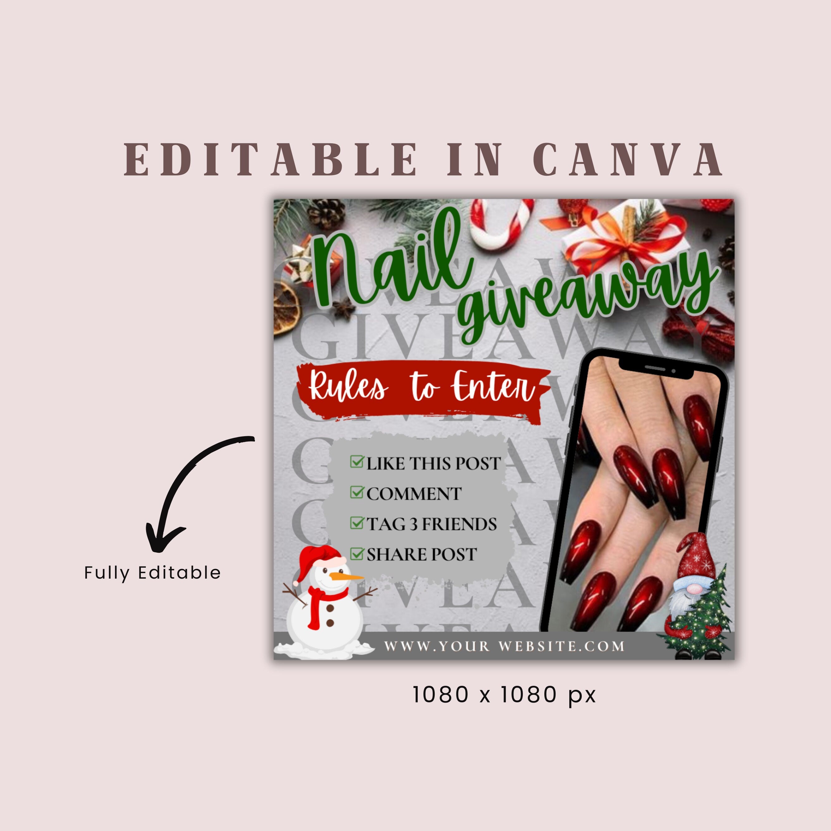 Christmas Giveaway Flyer, Nail Flyer Marketing, Beauty Flyer, Social Media Flyer, Editable Post, Holiday Nail Giveaway Flyer