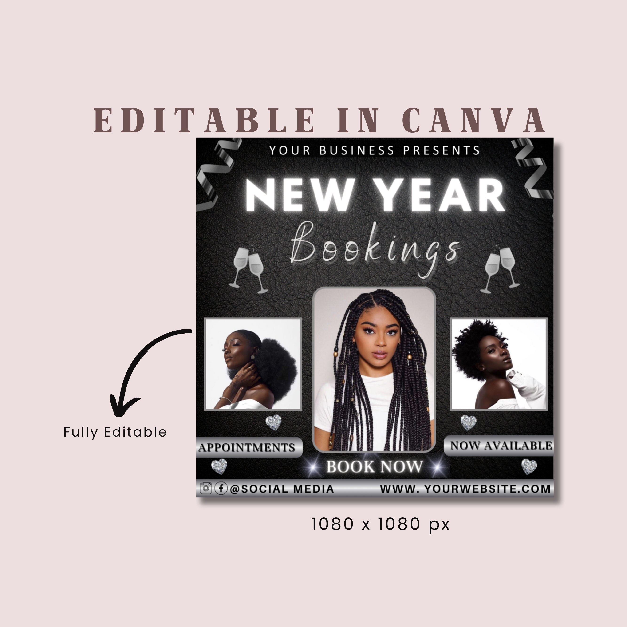 New Year Booking Flyer, Booking Flyer Hairstylist, New Years Invite, Holiday Flyer, Booking Flyer, Hair Flyer, Lash Flyer Social Media Flyer