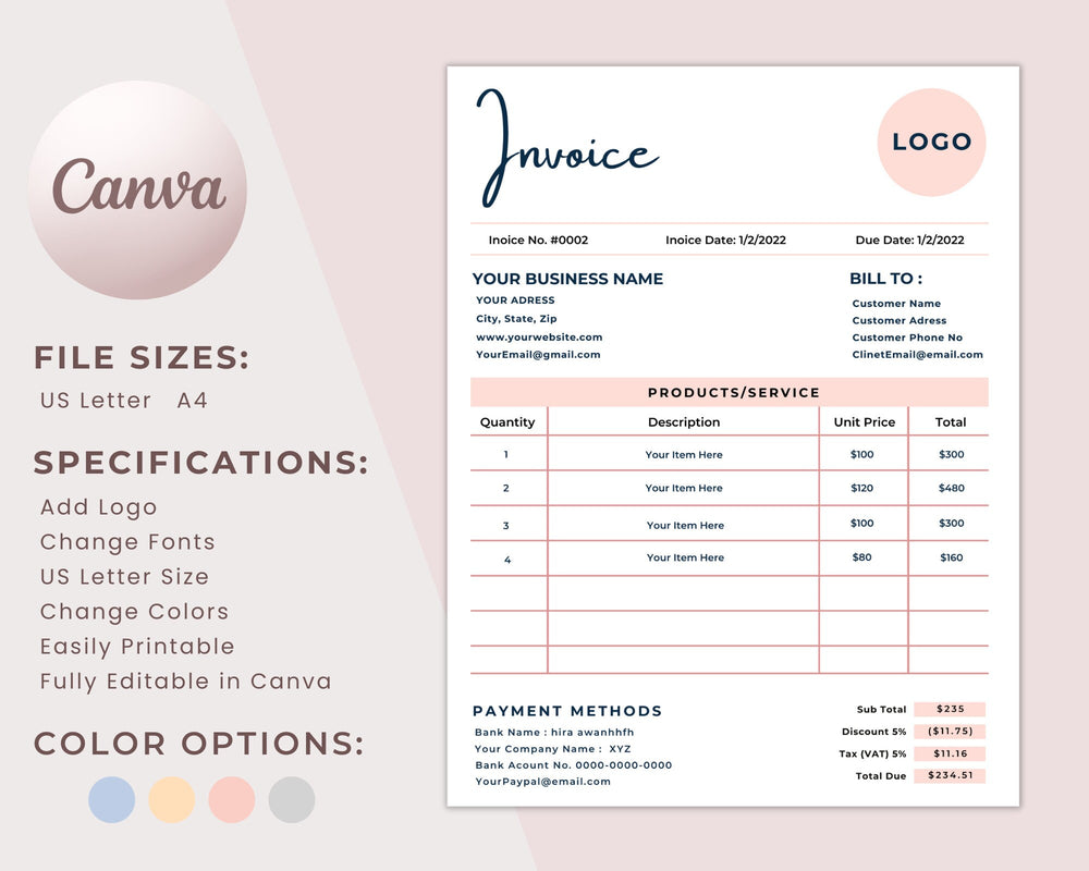 Digital Invoice Template, Invoice Template Editable, Receipt Templates