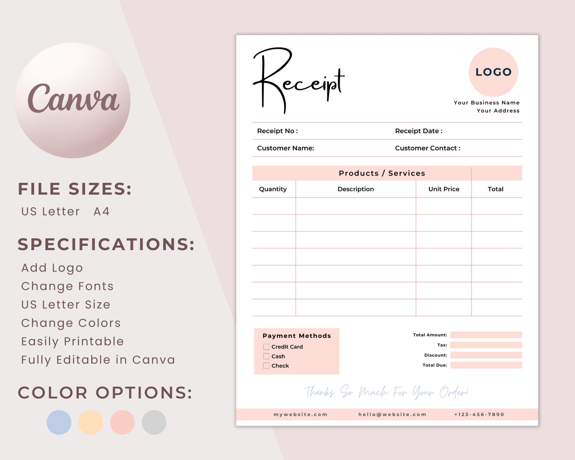 Receipt Template Printable, Billing Template, Business Receipt, Payment Calculation, Purchases Receipt