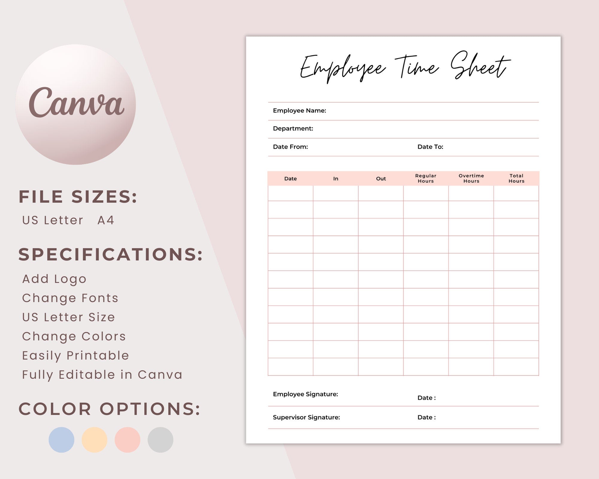 Printable Employee Time Sheet For Offices, Task Tracker, Employee Recognition, Employee Timesheet, Activity Tracker