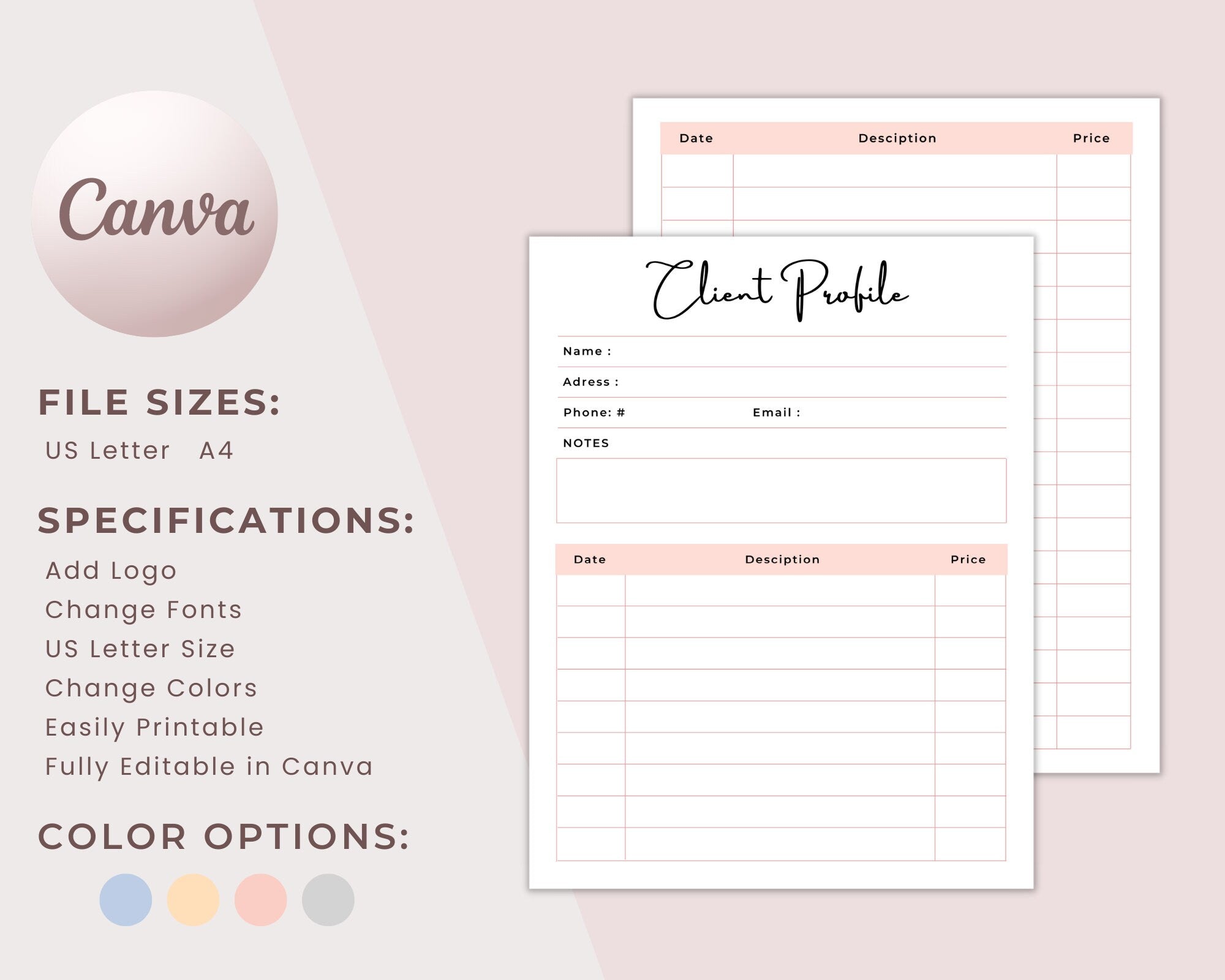 Printable Client Profile Template, Customer Profile, Customer information, client book, business tracker, client tracker